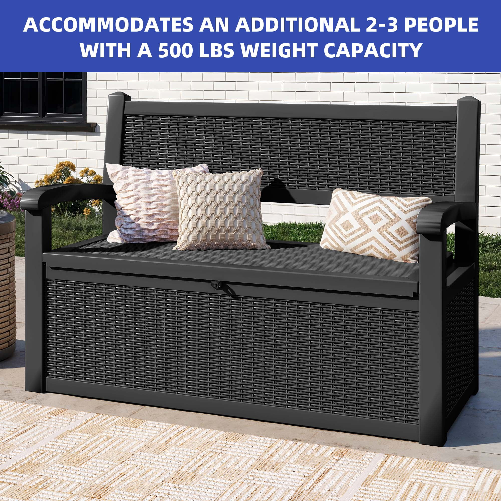 70-Gallon Outdoor Resin Storage Cabinet with Rattan Backrest �C Waterproof Patio Bench Seat, 500 lbs Capacity, Black - Image 9