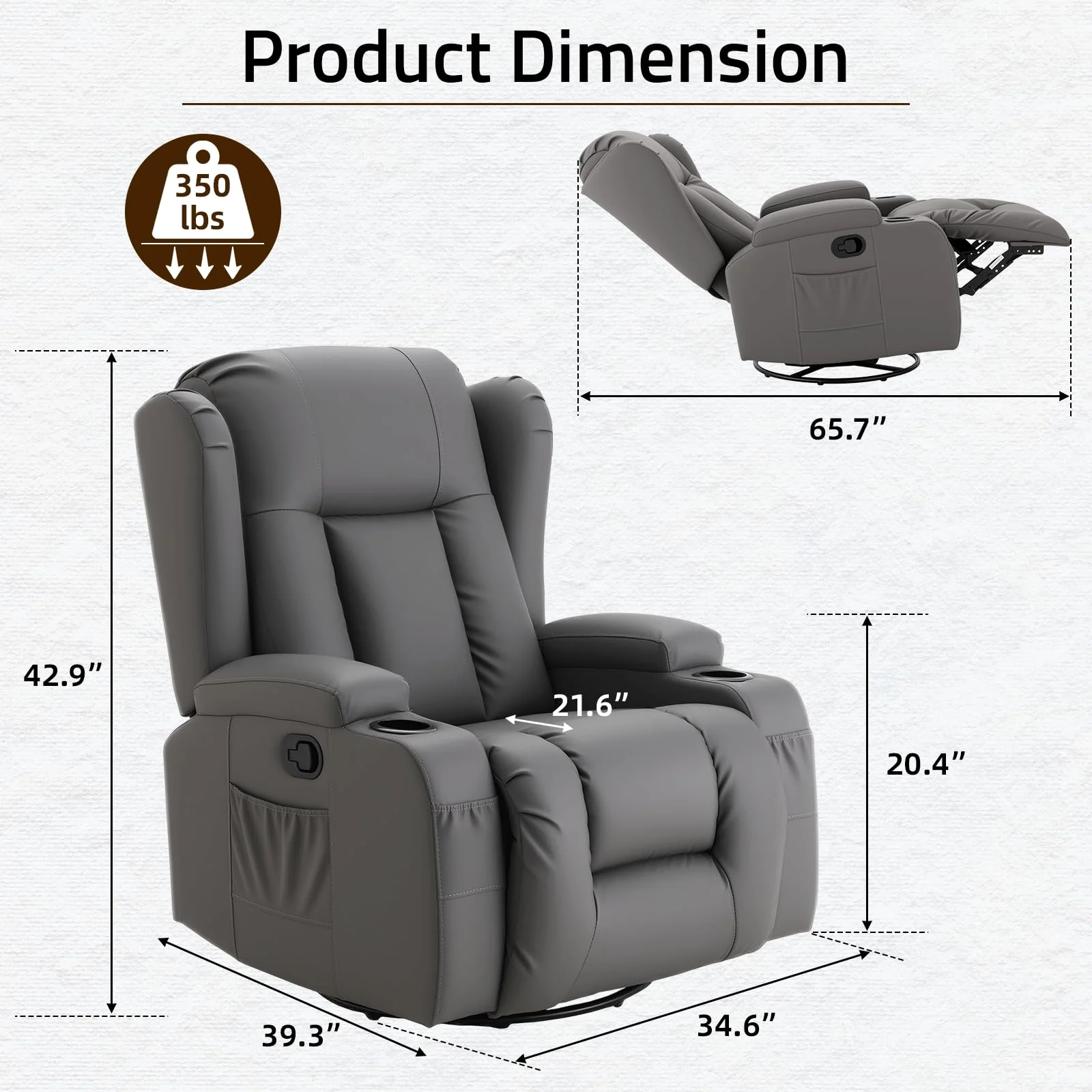 AECOJOY Recliner Chair with Massage and Heat, 360° Swivel Rocking, Grey