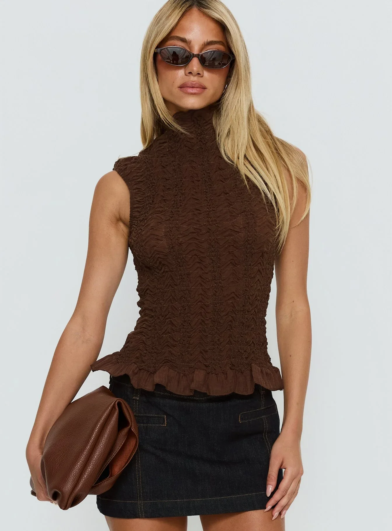 Danira High Neck Textured Top Brown