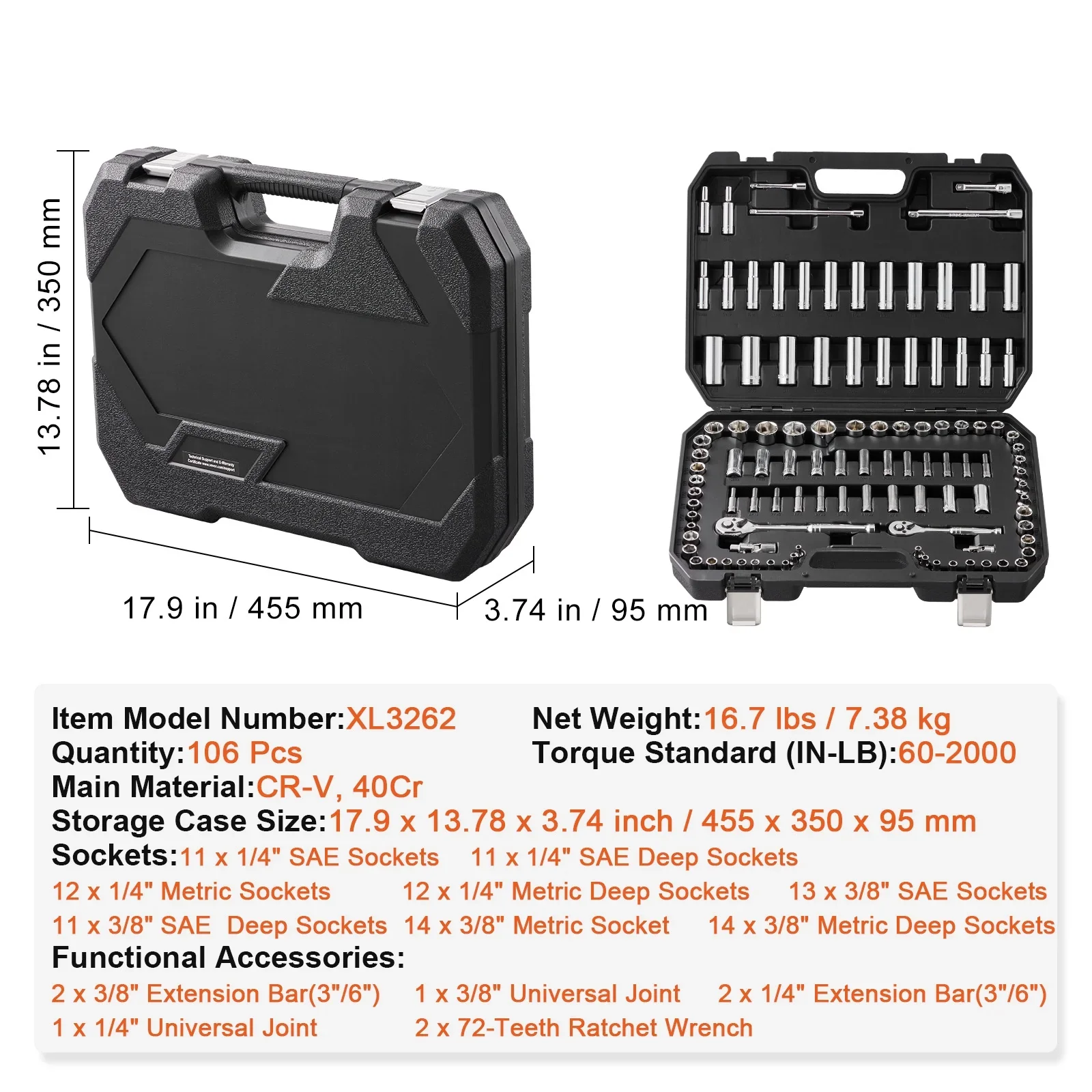 SKYSHALO Socket Set, 1/4 and 3/8 Drive Socket and Ratchet Set, 6-Point Socket Opening, 106 Pcs Tool Set SAE and Metric, Deep and Standard Sockets, 5/32-1 in, 5-19 mm for Auto Repairing & Household