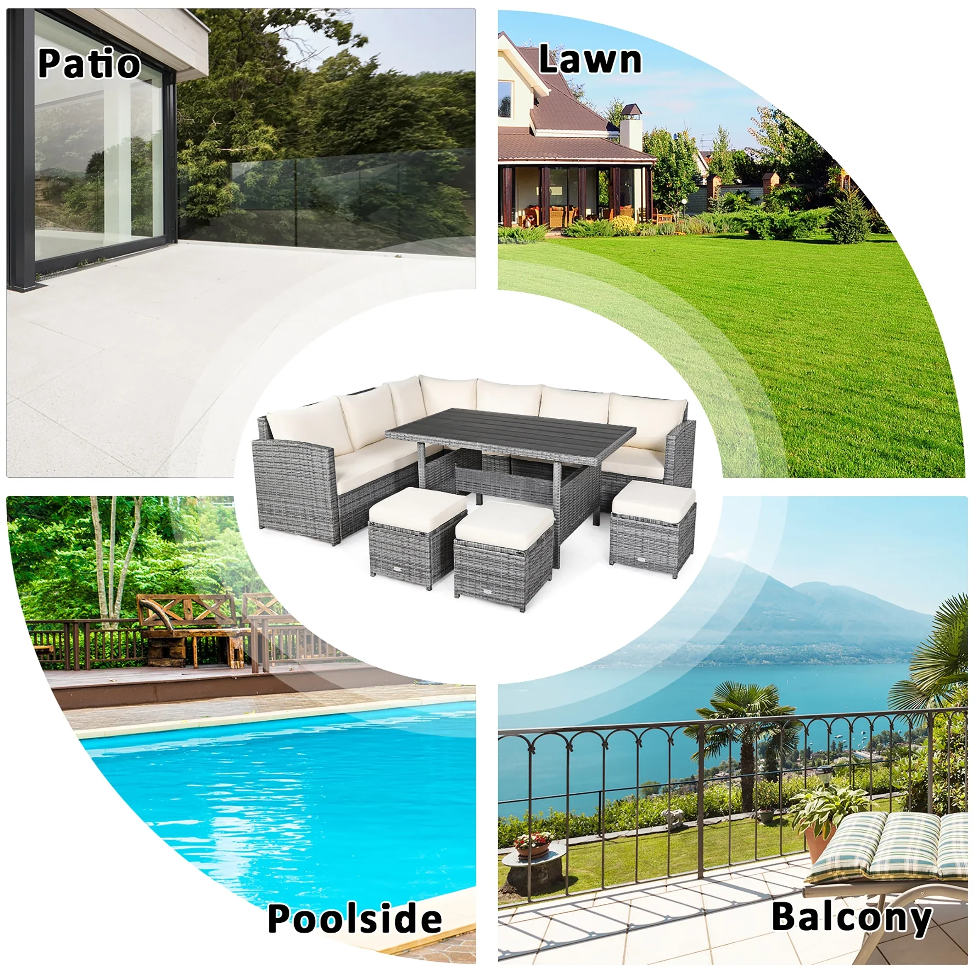 Costway 7 PCS Patio Rattan Dining Set Sectional Sofa Couch Ottoman Garden Red
