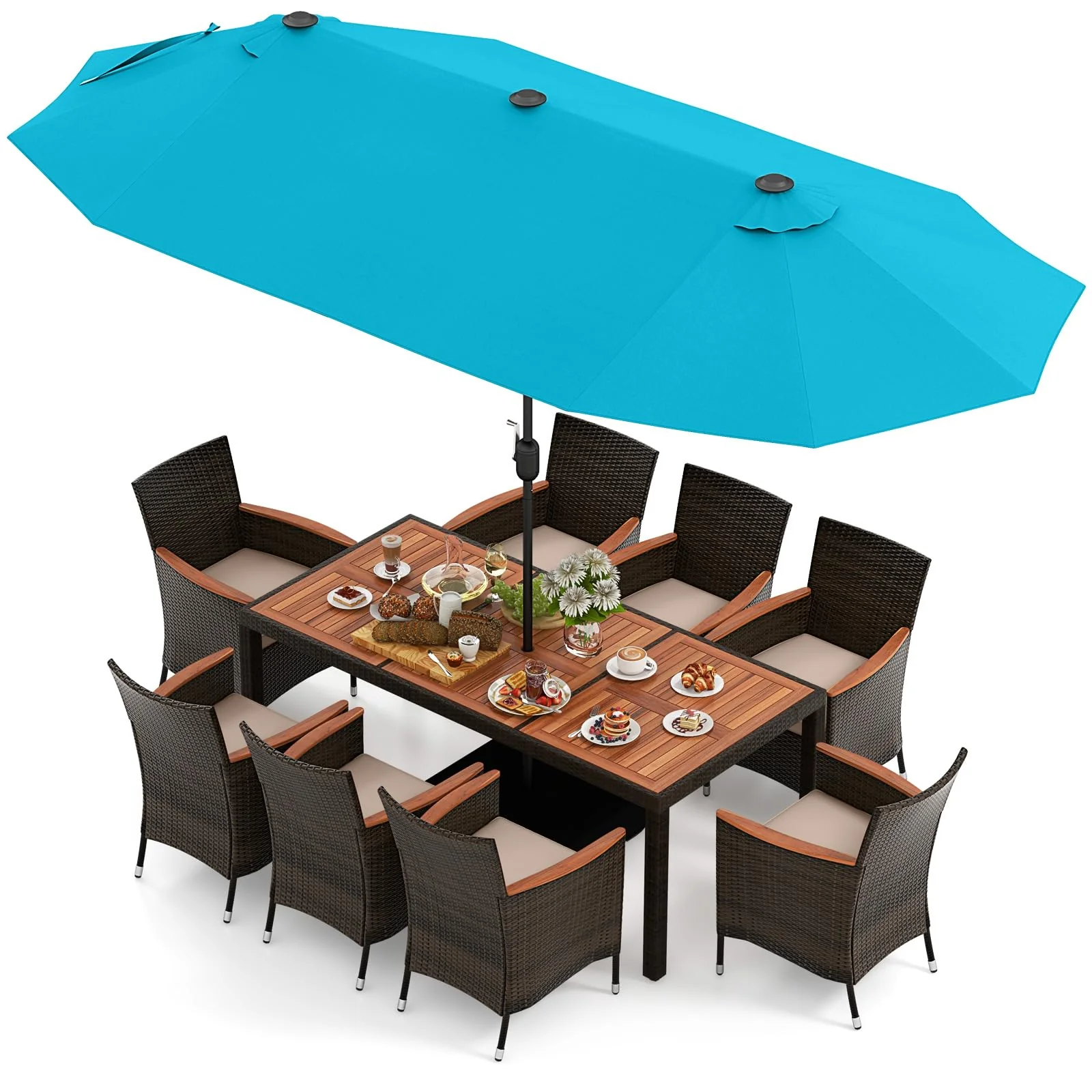 Tangkula 11 Pieces Outdoor Rattan Furniture Set  with 15ft Double-Sided Patio Umbrella (Base Included)