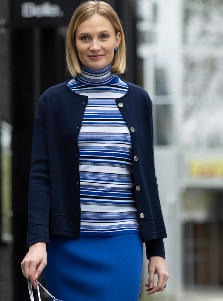 Veste courte femme en laine et maille fantaisie bleu marine