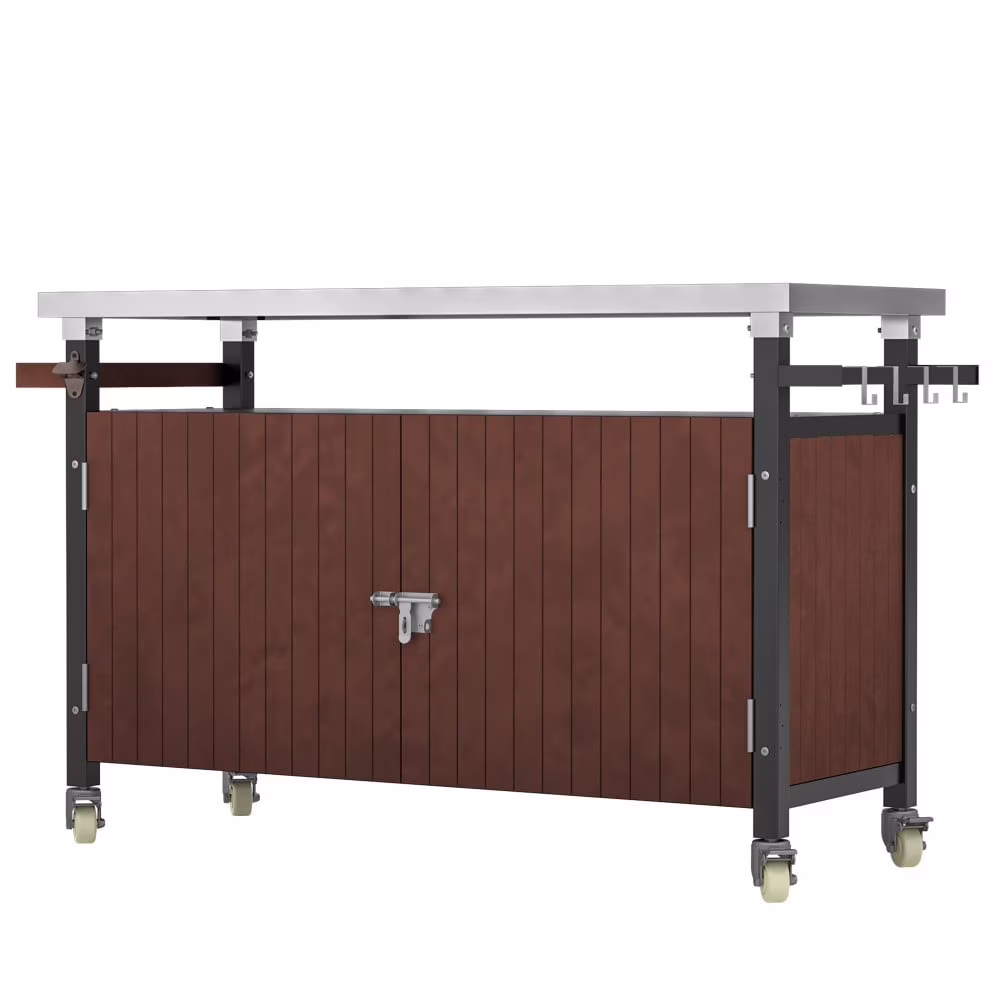 BBQ Grill Storage Cart/Bin, Outdoor Storage Cabinet on Wheels, Metal Kitchen Dining Table Cooking Prep Table with Wheels, Hooks, and Spice Rack, for Patio Island Home Party Bar (Brown)(32.4" W x 18.7" D x 34.7" H) - Image 3