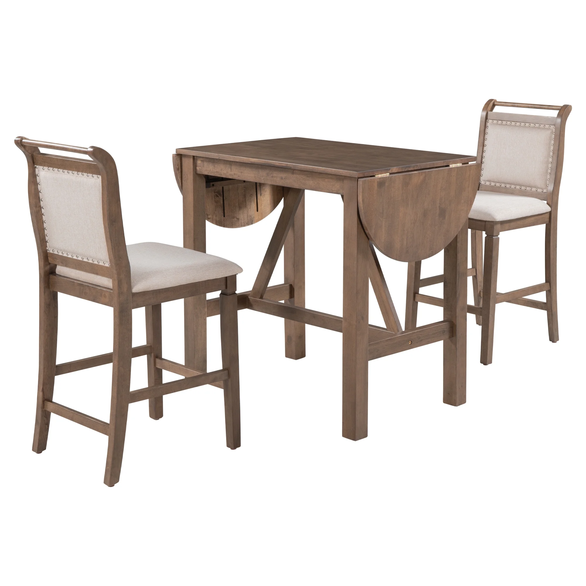 3 Piece Wood Folding Dining Table Set Drop Leaf Table with 2 Padded Counter Height Dining Chairs for Small Place, Brown(Brown) - Image 9