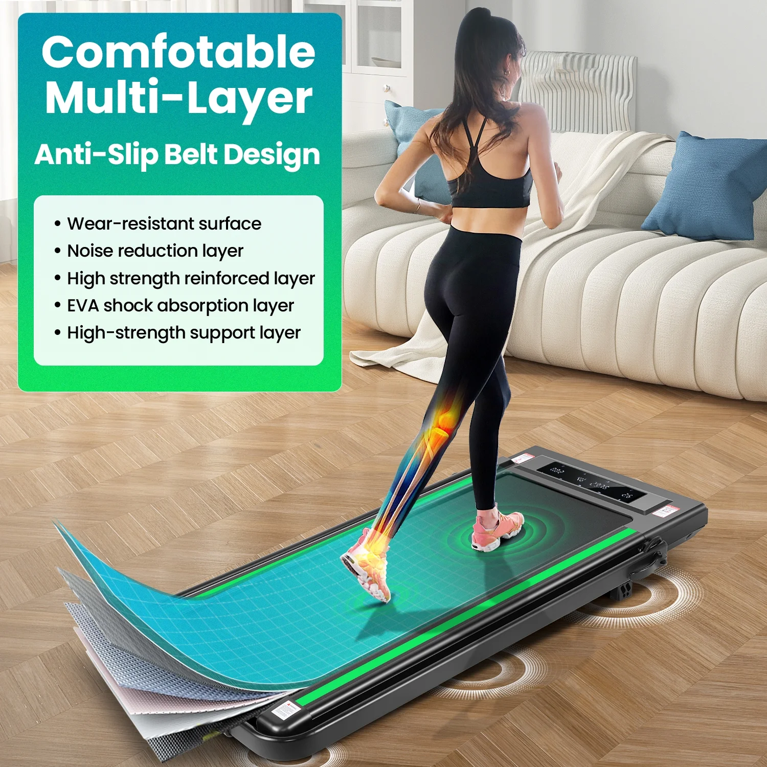 2 in 1 Walking Pad Treadmill with Incline, 2.5HP Under Desk Treadmill with Handle Remote Control LED Touch Screen for Home Office Workout, 300lbs Weight Capacity Black Green(A-98-G) - Image 8
