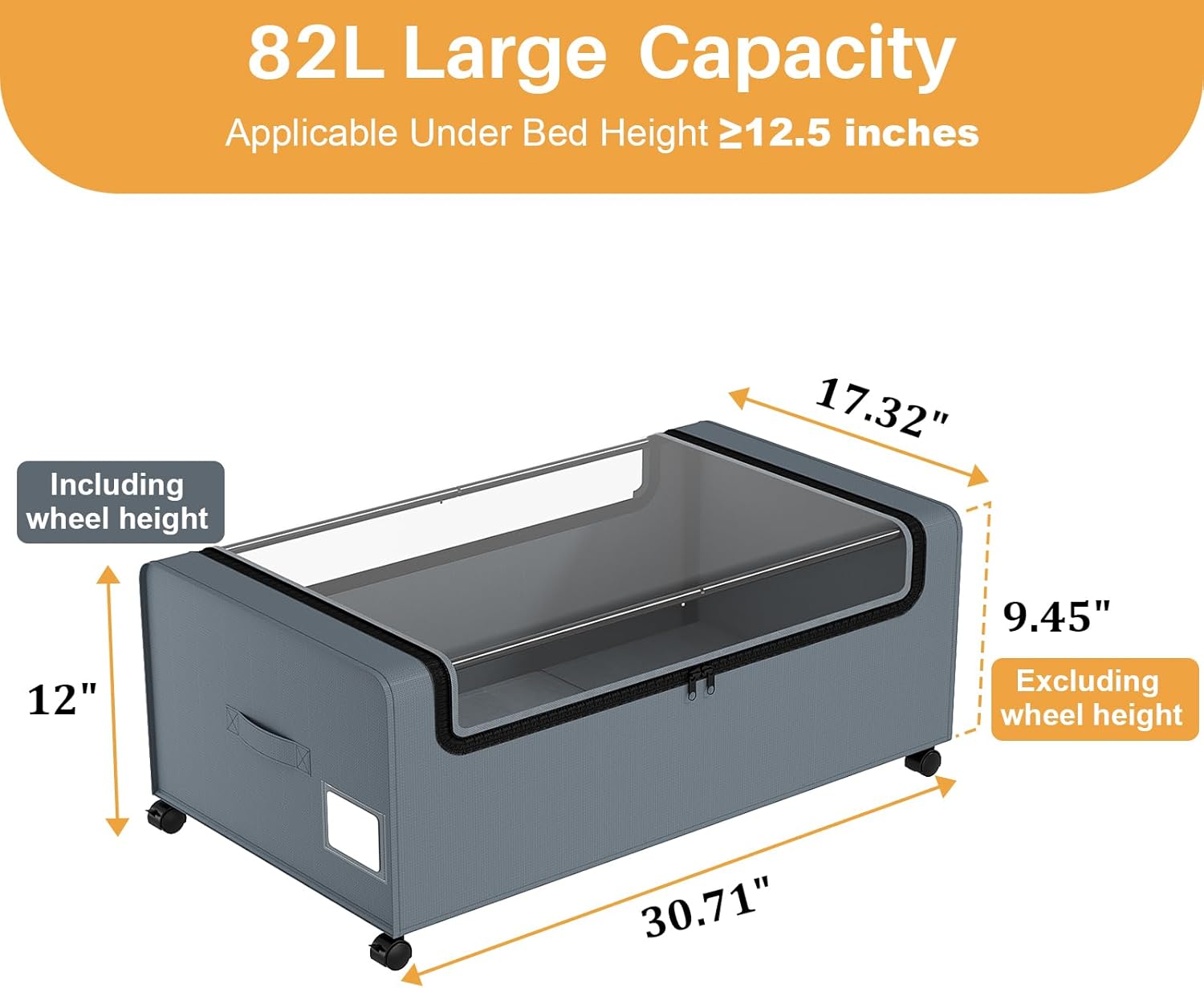 Webetop 12 Inch Under Bed Storage Containers, Rolling Organizer 2 Pack Grey