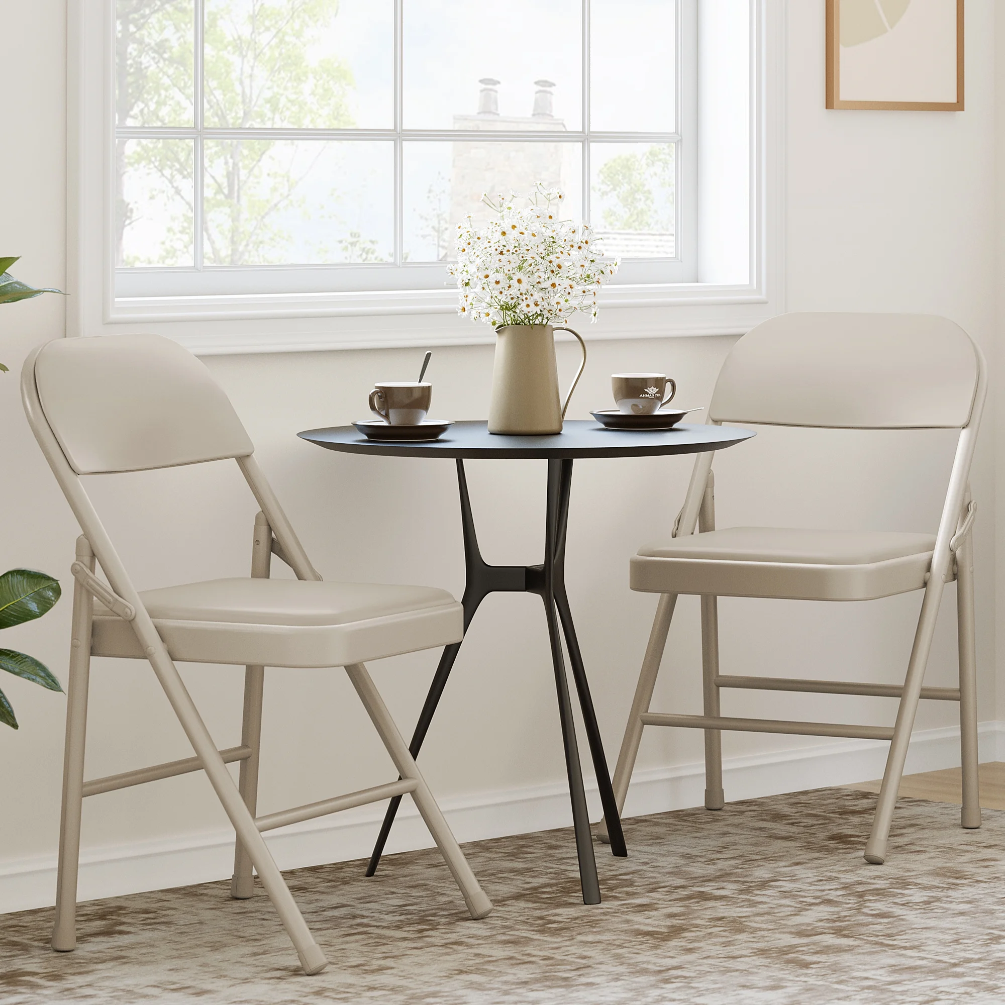 Luku Folding Chairs, Portable Card Chair, Metal Frame, PU Soft Cushion for Dining, Living, Office(4-Pack PU Cushion Chairs/Beige)