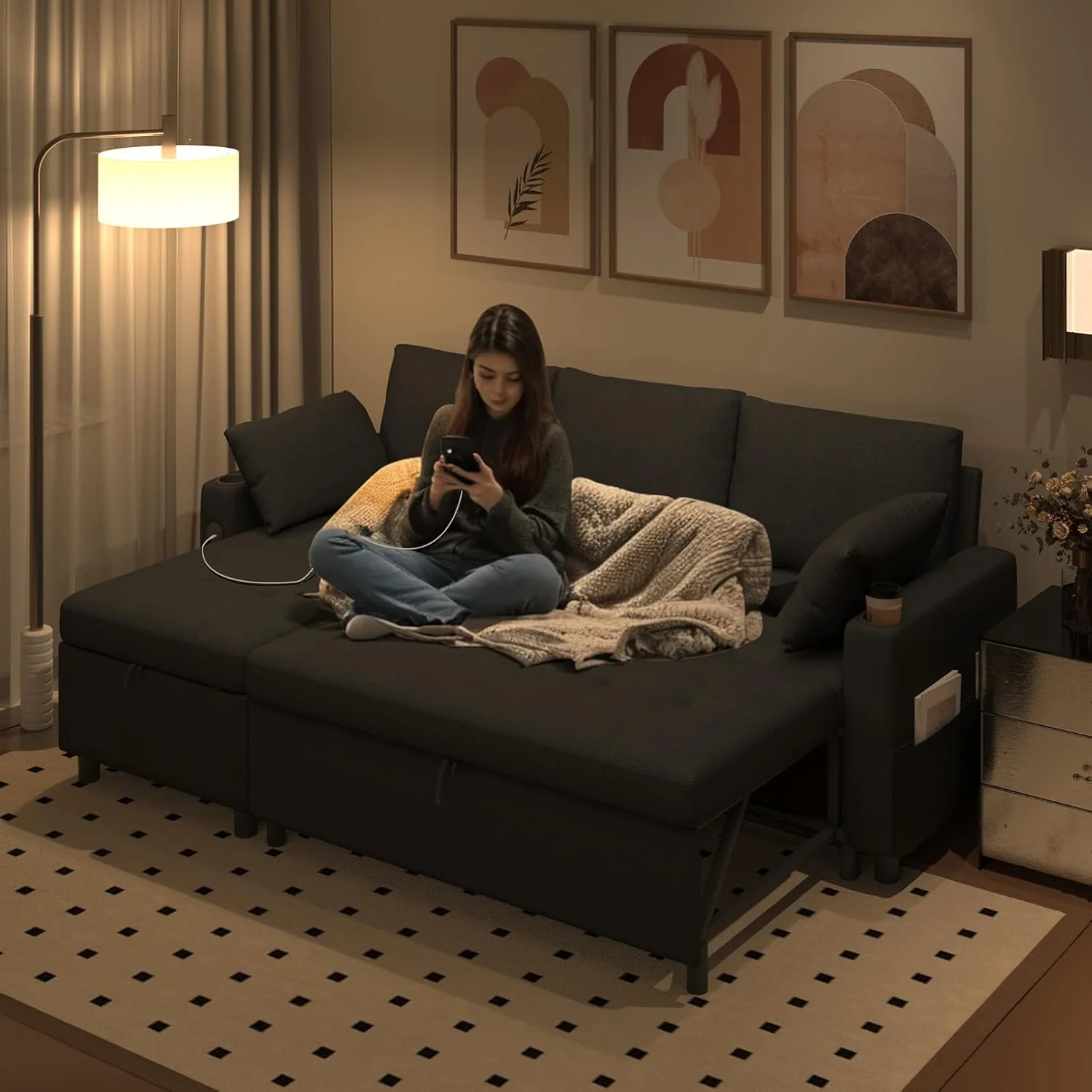 AECOJOY Sleeper Sofa Couch with Pullout Bed, Linen Fabric, Black