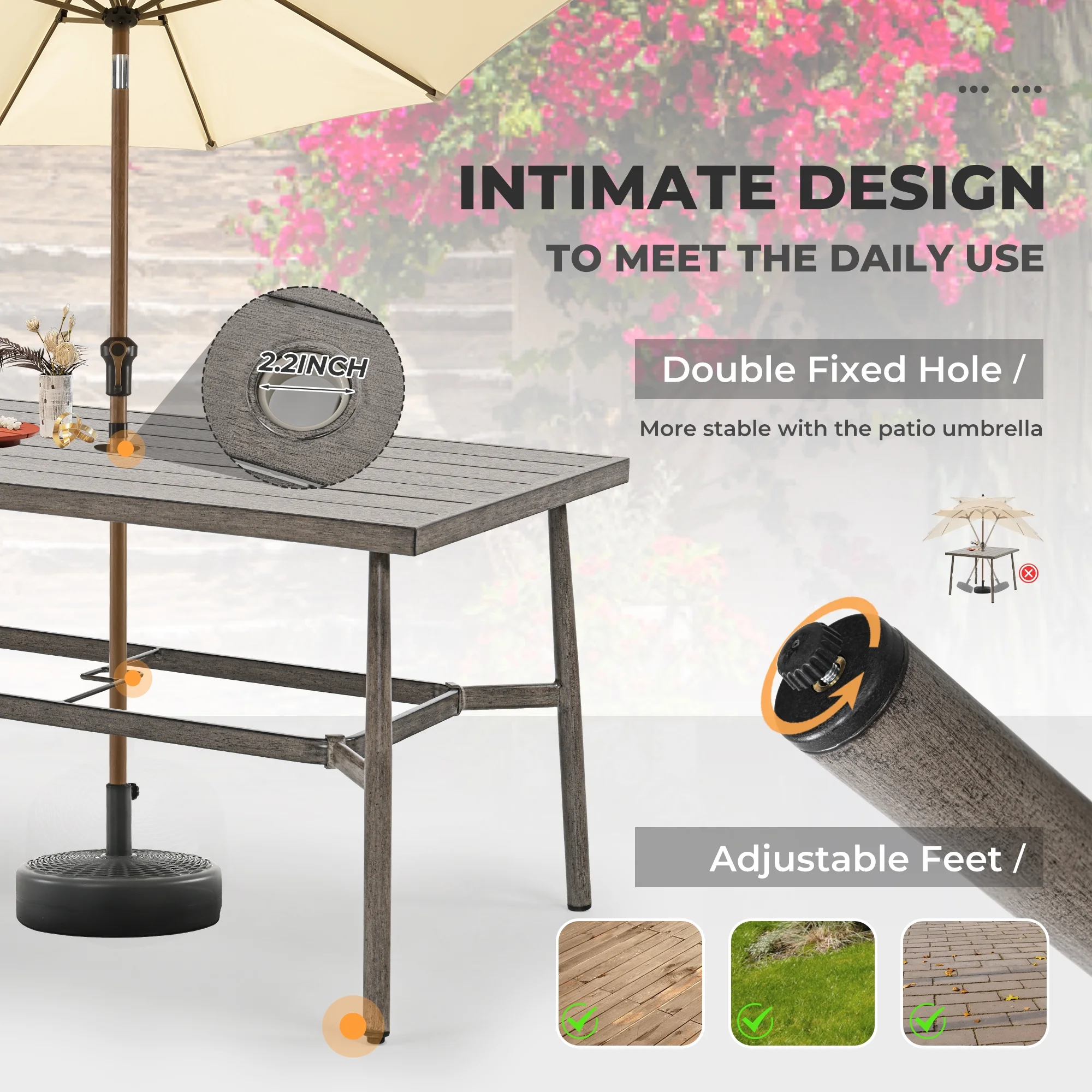 7-Piece Outdoor Dining Set for 6, Aluminum Patio Dining Set Includes 6 Dining Chairs and 1 Large Rectangular Table with Umbrella Hole, Patio Furniture Set for Lawn, Porch, Backyard, Grey(7PCS / Leg Chair/Gray) - Image 4