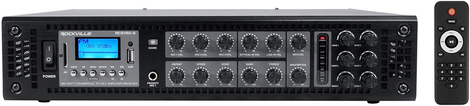 Rockville RCS180-6 180W 6-Zone 70v Commercial Amplifier  Bluetooth  USB/SD/RCA  Mic  Optical Inputs  FM  for Restaurants/Offices