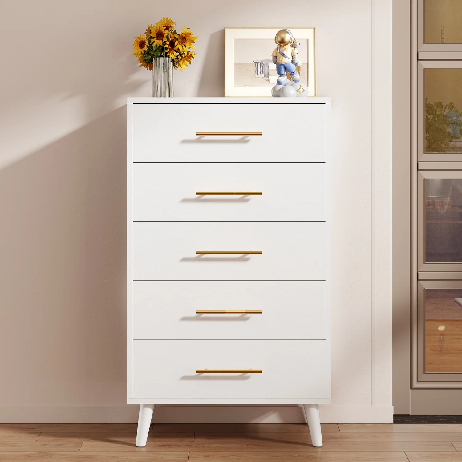Bedroom Furniture Set Includes Queen Bed Frame, Nightstands Set of 2, 5-Drawer Dresser Vanity Desk Modern Storage Solution for Stylish Home Decor, Beige/White - Image 6
