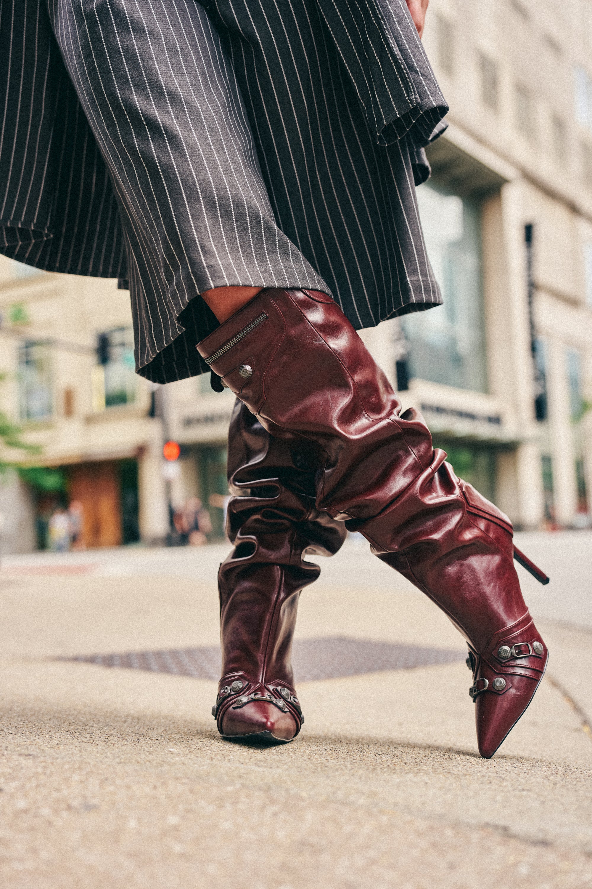 AZALEA WANG TESARA BURGUNDY RUCHED STILETTO BOOT WITH HARDWARE - Akira Store