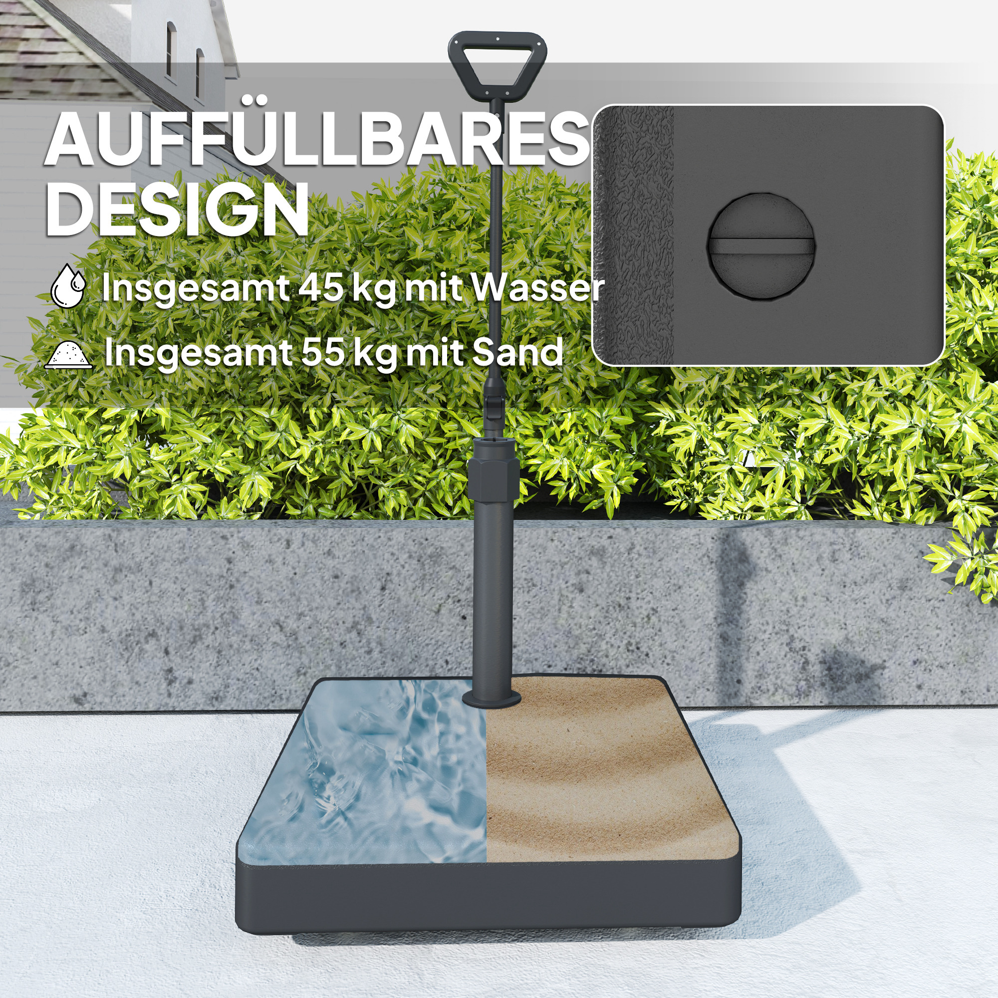 Outsunny Tuinparasolvoet met verstelbare wielen, vulbaar met water en zand, Kunststof, Zwart