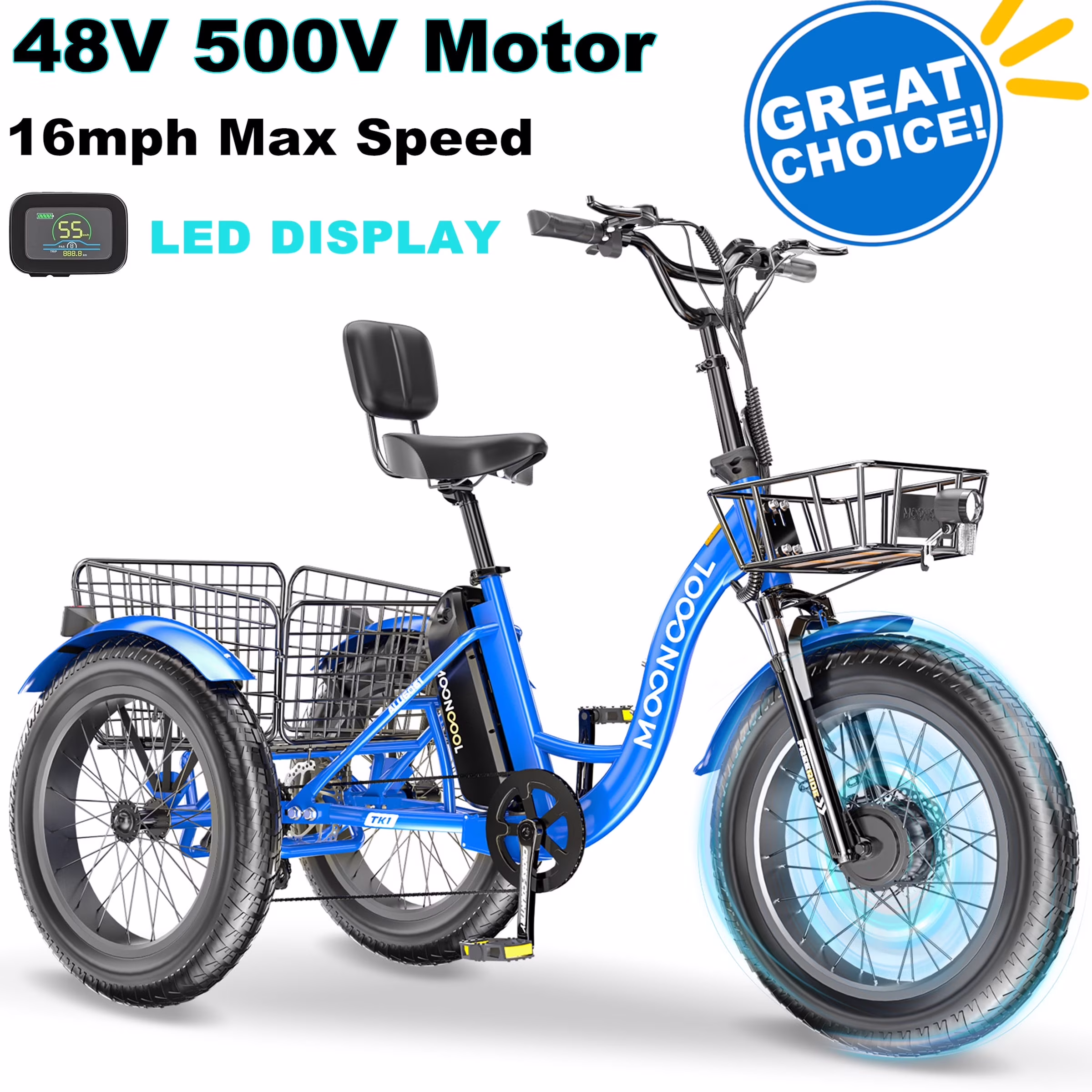 20" x 4" Fat Tire Electric Tricycle for Adult, 7 Speeds Electric Trike 48V 500W Motorized Tricycle, Electric Three Wheels Bicycle for Senior, Aluminum Frame Rear Basket,16mph(Blue)
