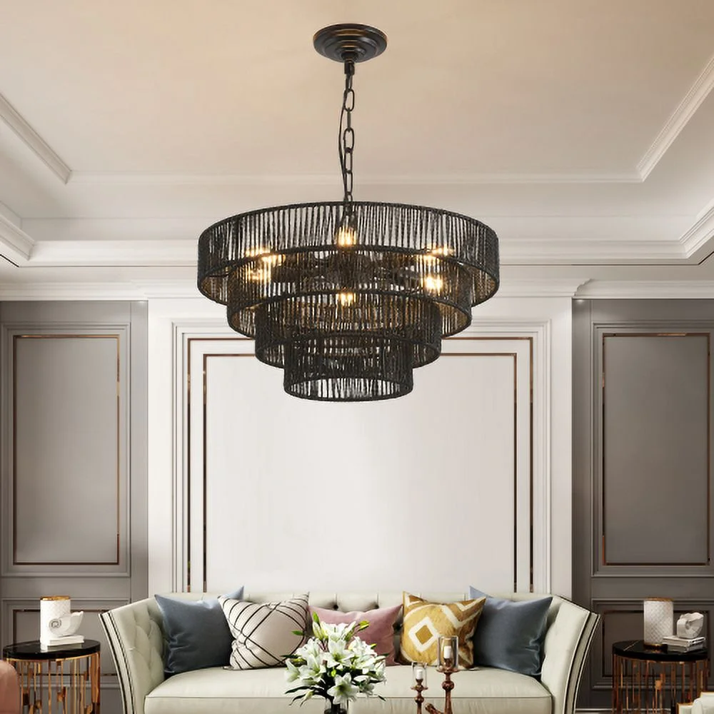 ACE-LIGHTS,Rustic 4-Tier Height Adjustable Hemp Rope Chandelier(Bulb Not Included),Pendant Light,Handmade Tiered Boho Ceiling Light Fixture for Living,Dining Room,Kitchen,Foyer(Black��
