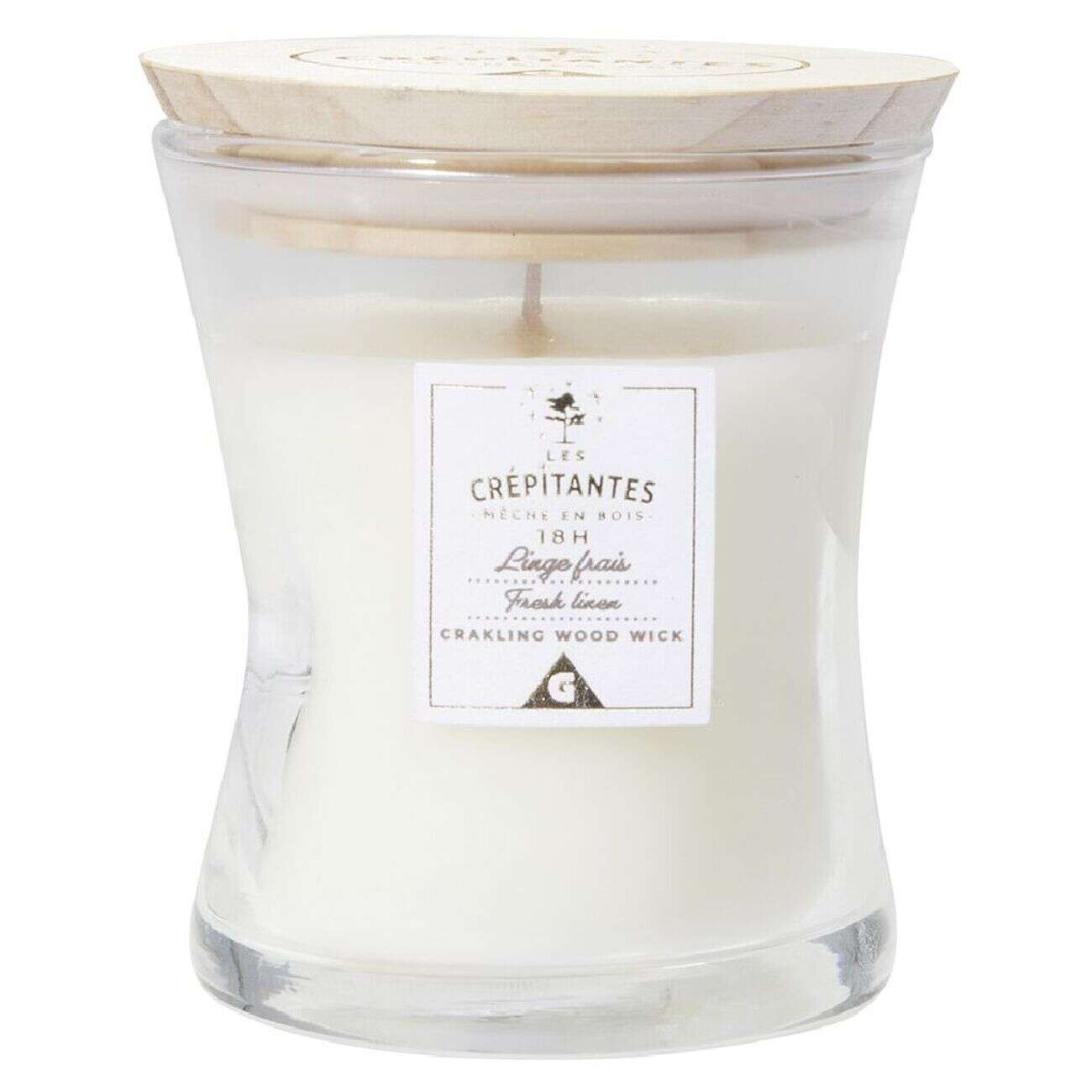 Bougie parfumée blanche Les crépitantes senteur linge frais 18H
