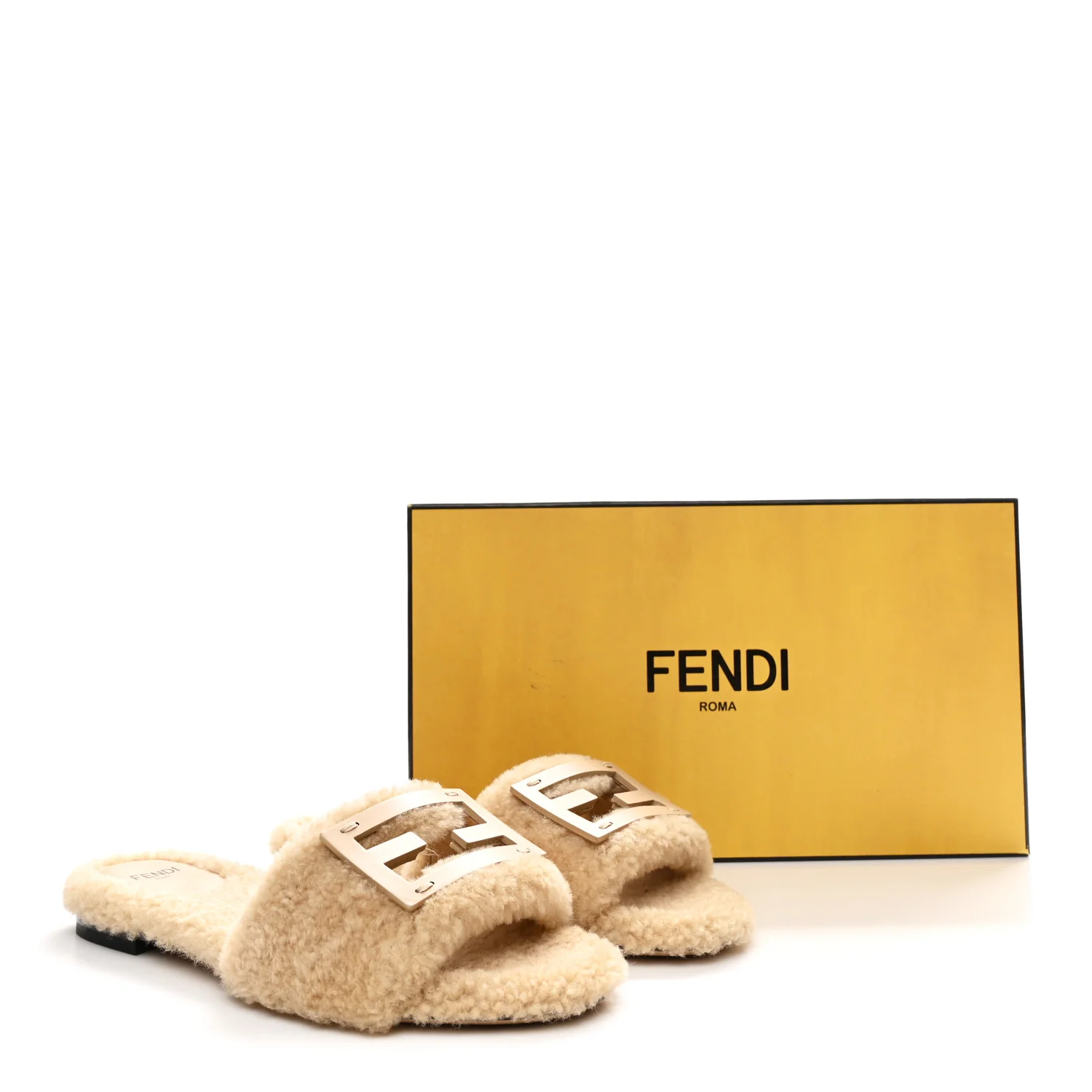 Shearling FF Baguette Slide Sandals 37 Beige Naturale