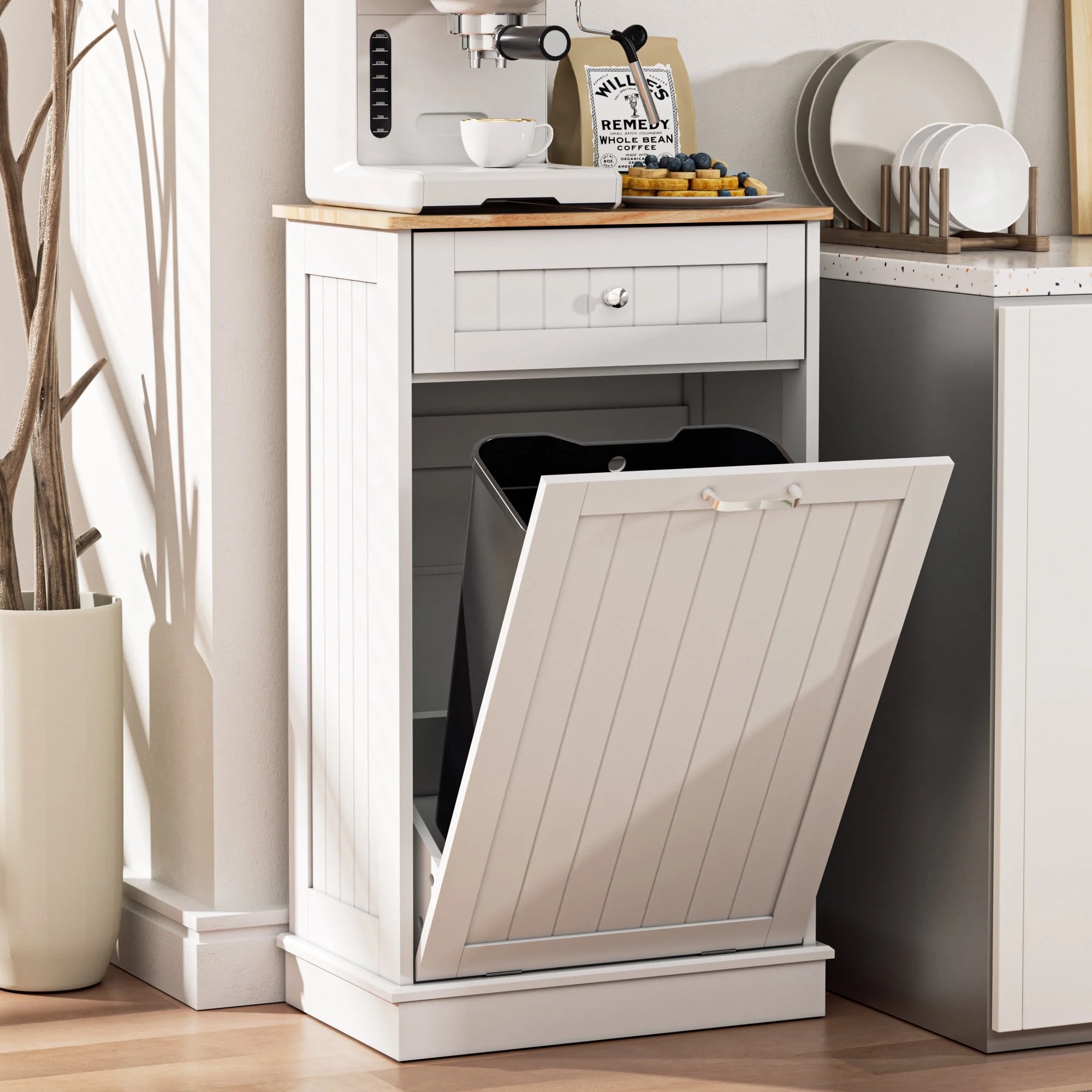 Single Tilt Out Trash Cabinet for 13 Gallon Waste Bin, Free Standing Kitchen Trash Can Cabinet with Drawers, White(White/13 gal) - Image 6