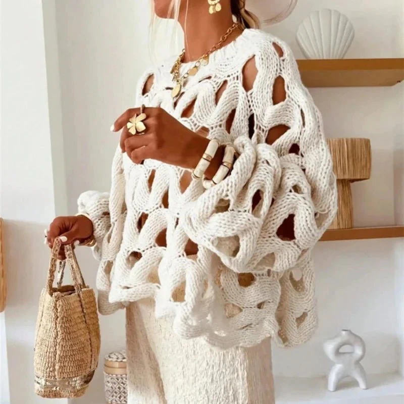 Pull en maille crochet à manches longues pour femme