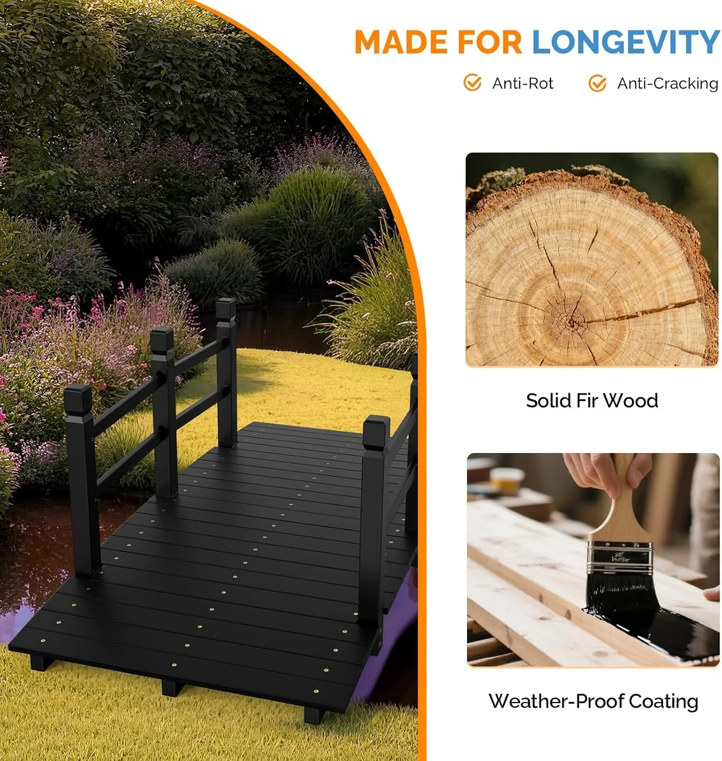SAZYY  5 ft Garden Bridge, Classic Wooden Arch with Safety Rails Stained Finished Footbridge, Decorative Pond Landscaping, Backyard, Creek or Farm