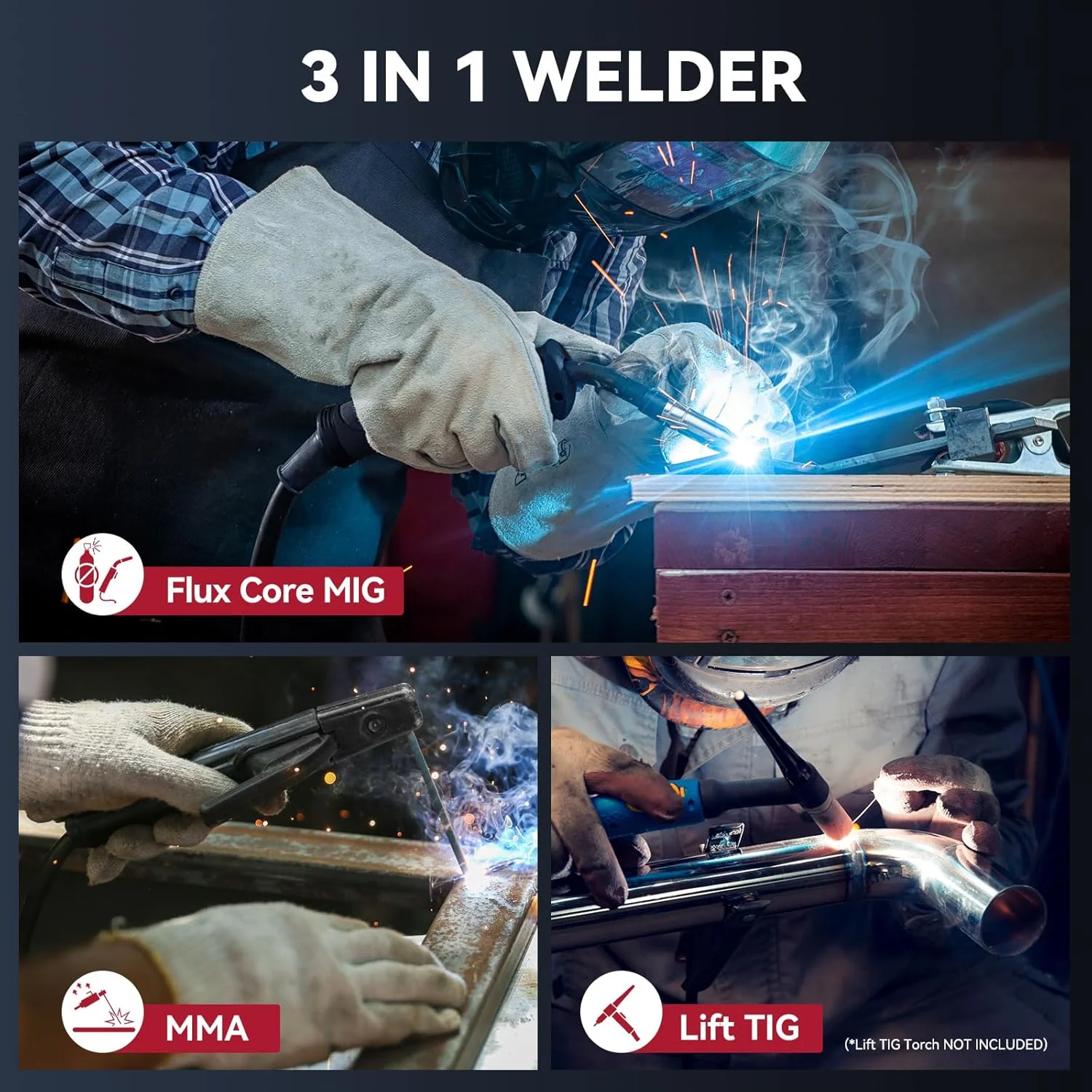 3 in 1 MIG Welder Machine, Synergetic 130A Flux Core Wire Feed Welder 110V, MMA/ MIG/ Lift TIG, Portable Welding Machine(MIG130 AC) Image 10