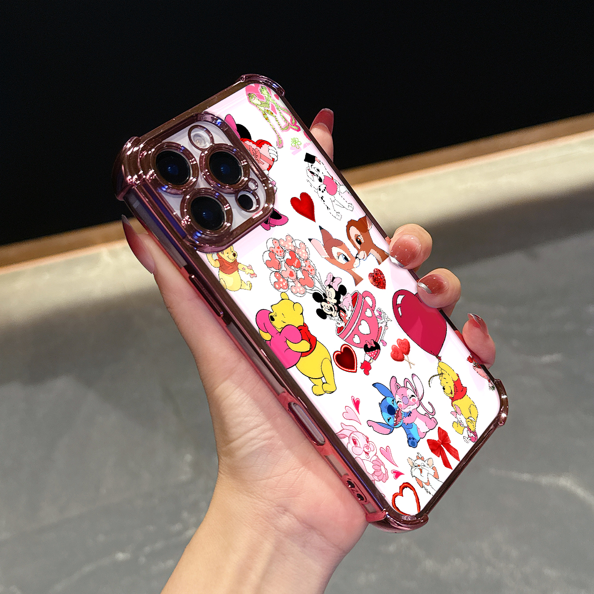 Pink cartoon animal print electroplated four-corner anti-shock phone case compatible with all iPhone models 11, 12, 13, 14, 15, 16, 17 Pro Max - wanlinfang