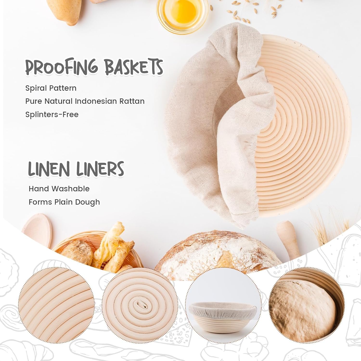 DOYOLLA Bread Proofing Baskets Set of 2 8.5 inch Round Dough Proofing Bowls and Liners Perfect Home Sourdough Bread Baking Supplies