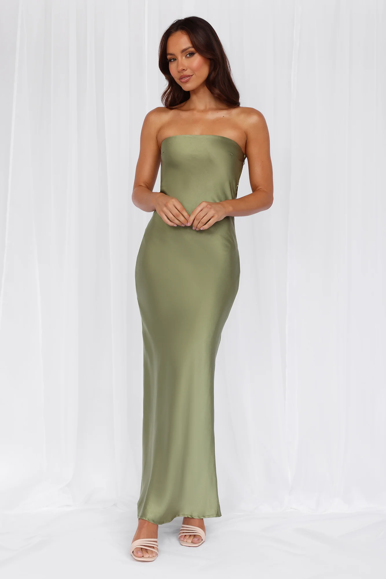 HELLO MOLLY The Felicity Strapless Satin Maxi Dress Olive