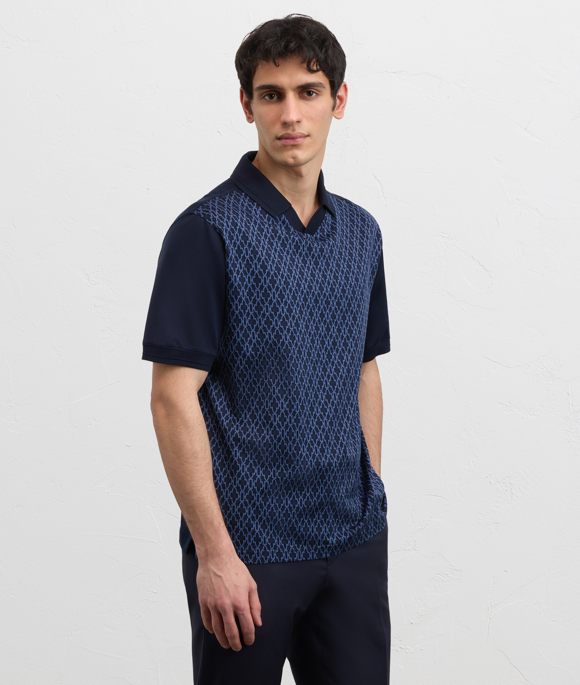 NAVY BLUE COTTON JERSEY POLO SHIRT WITH V NECK AND JACQUARD FRONT