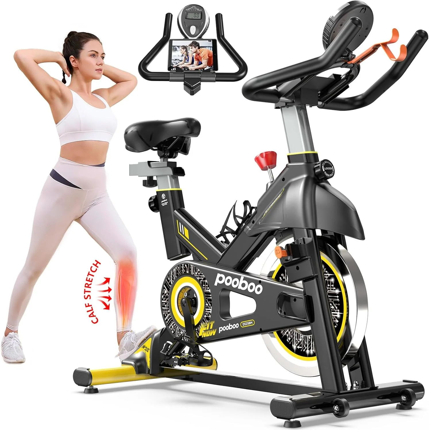 Vélo d'exercice Pooboo, résistance magnétique/frein réglable, transmission par courroie silencieuse, vélo de cyclisme d'intérieur pour le cardio à domicile, vélo stationnaire de fitness avec capacité de charge de 159 kg/136 kg et siège amélioré