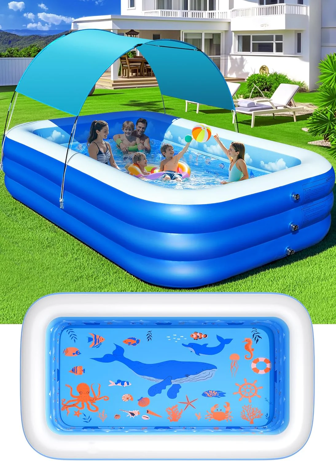 Piscine gonflable avec auvent, piscine gonflable améliorée pour enfants et adultes, grande piscine gonflable, thème océan, dimensions généreuses (267 x 190 x 64 cm), piscine familiale gonflable pour jardin - Bleu
