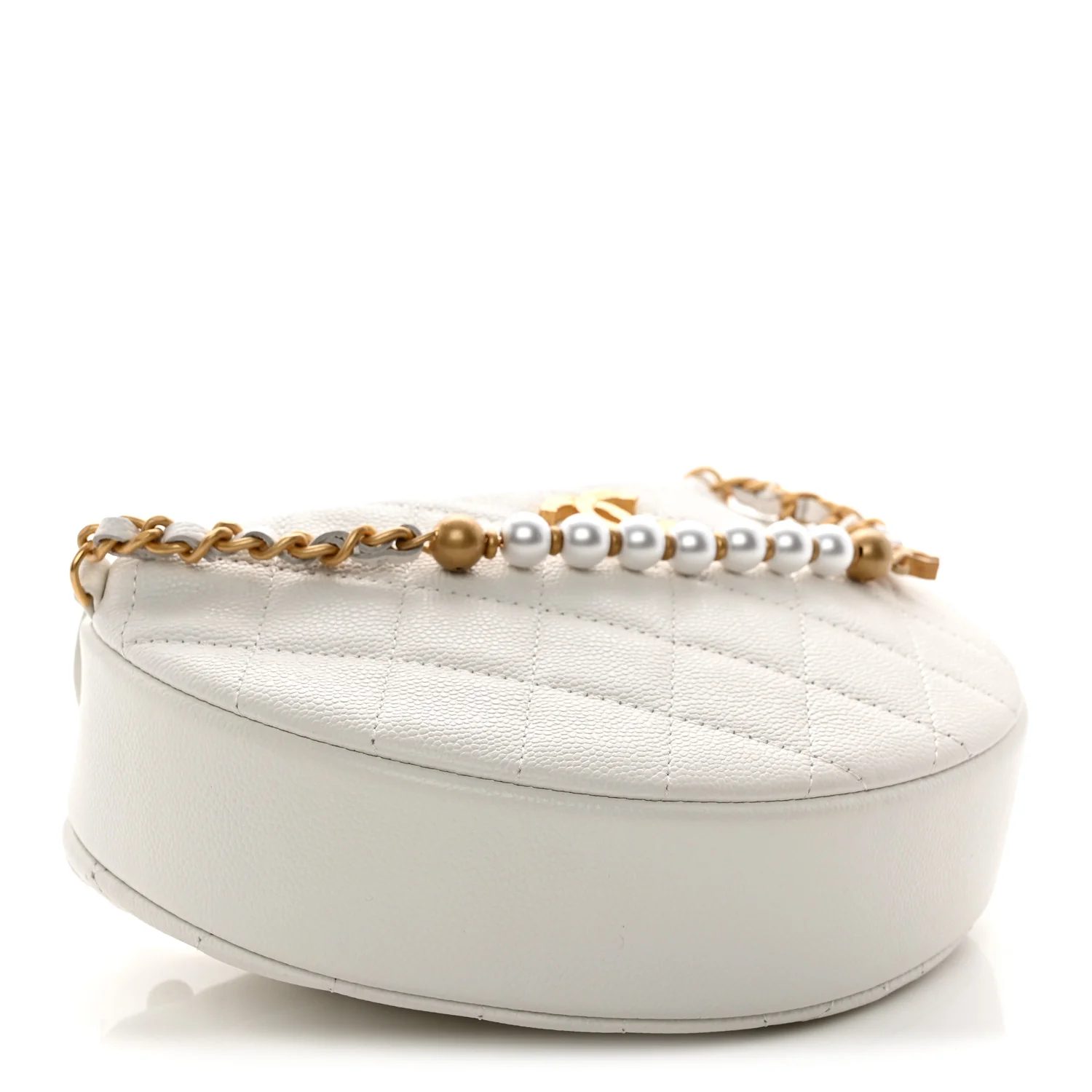 Caviar Quilted Pearl Chain Pouch Hobo White
