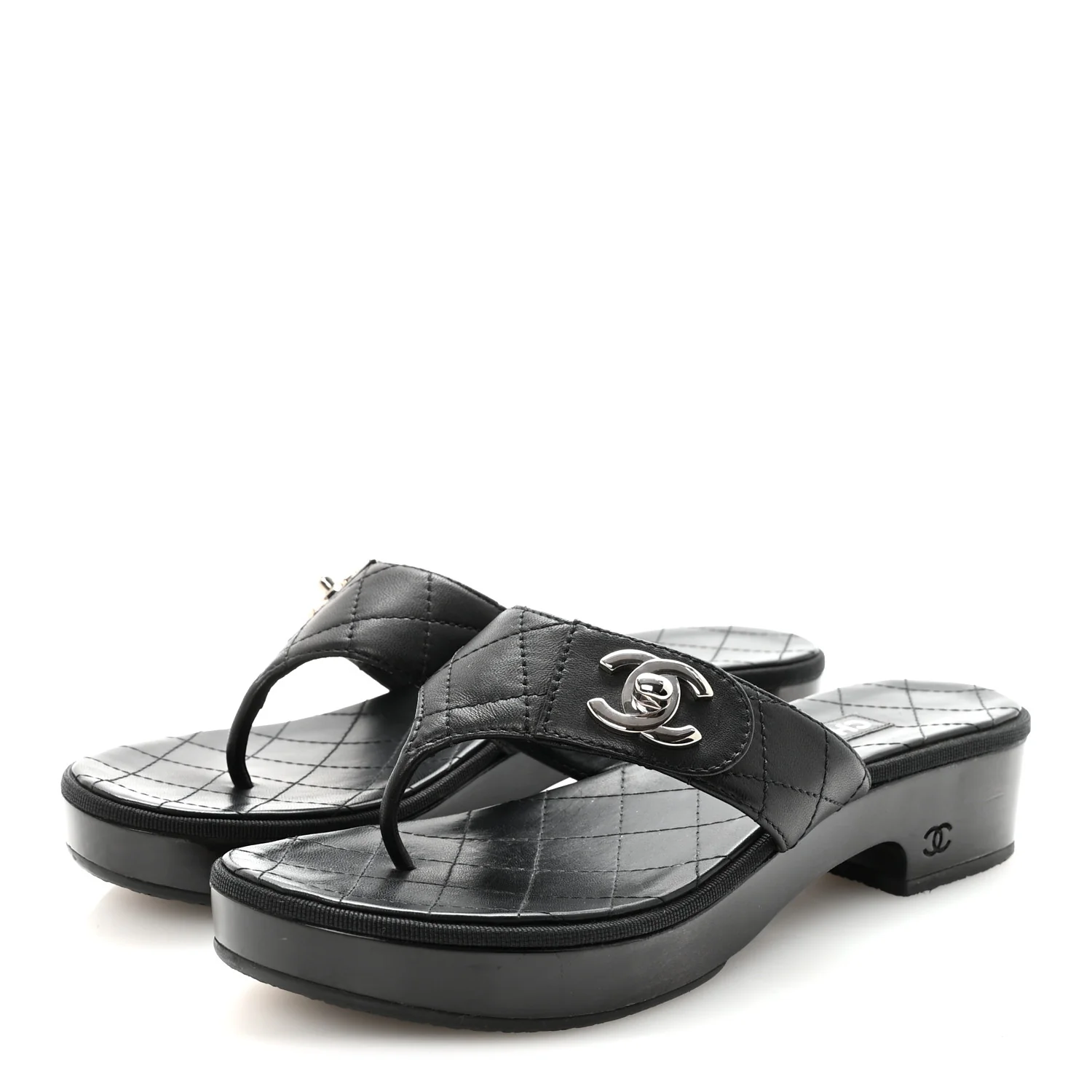 Lambskin Quilted Turnlock CC Platform Thong Sandals 39 Black