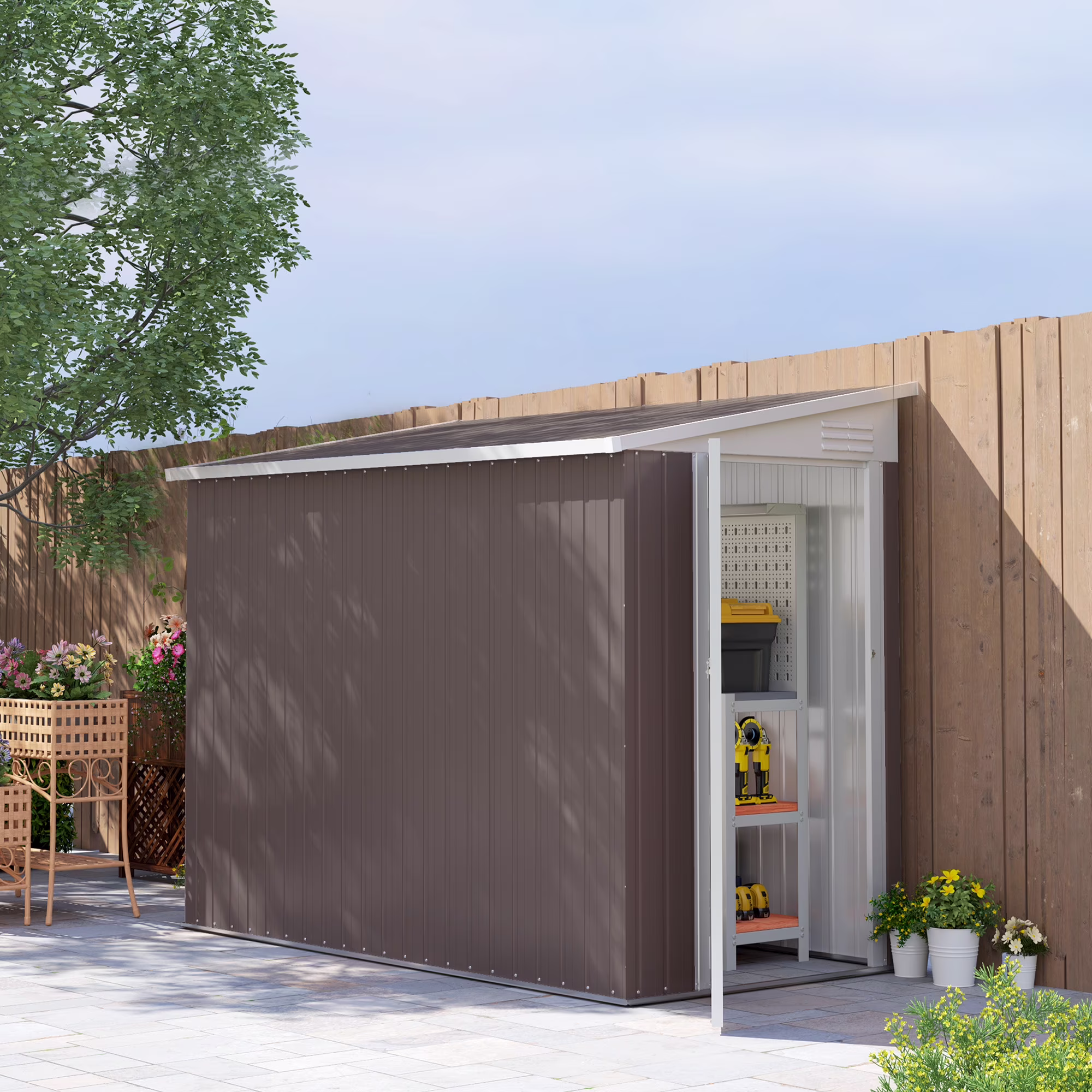 Outsunny 4' x 7.7' Steel Garden Storage Shed Lean to Shed Outdoor Metal Tool House with Lockable Door & Air Vents for Backyard Patio Lawn, Brown