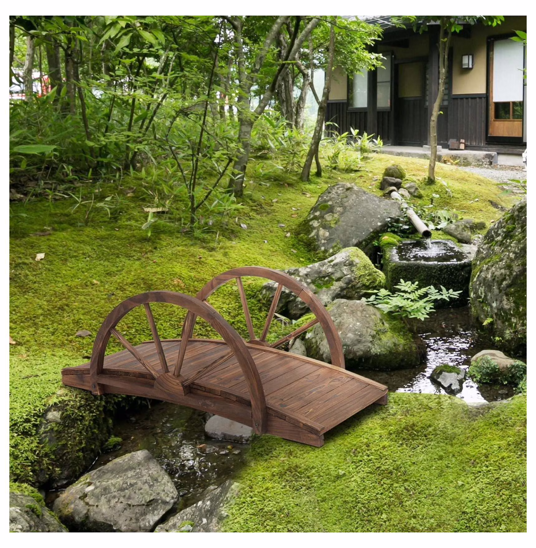 AetherLove 3.3ft Wooden Garden Bridge Arc Stained Finish Walkway with Half Wheeled Railings