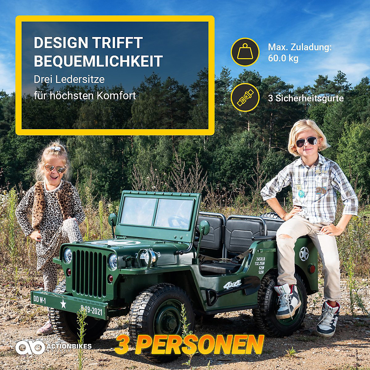 Kinder Elektroauto Jeep Willys - 4x45 Watt - Kinderauto mit Fernbedienung - Soundmodul vert