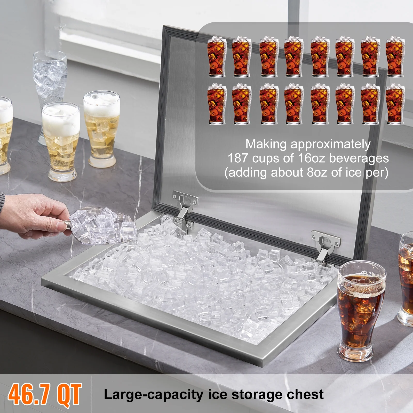 VEVOR Drop in Ice Bin Chest 20x16x13 Inch Drop in Cooler Stainless Steel Outdoor Drop in Ice Chest with Cover Bar Ice Bin Drop in Wine Drops Drain - Pipe and Drain Plug Included
