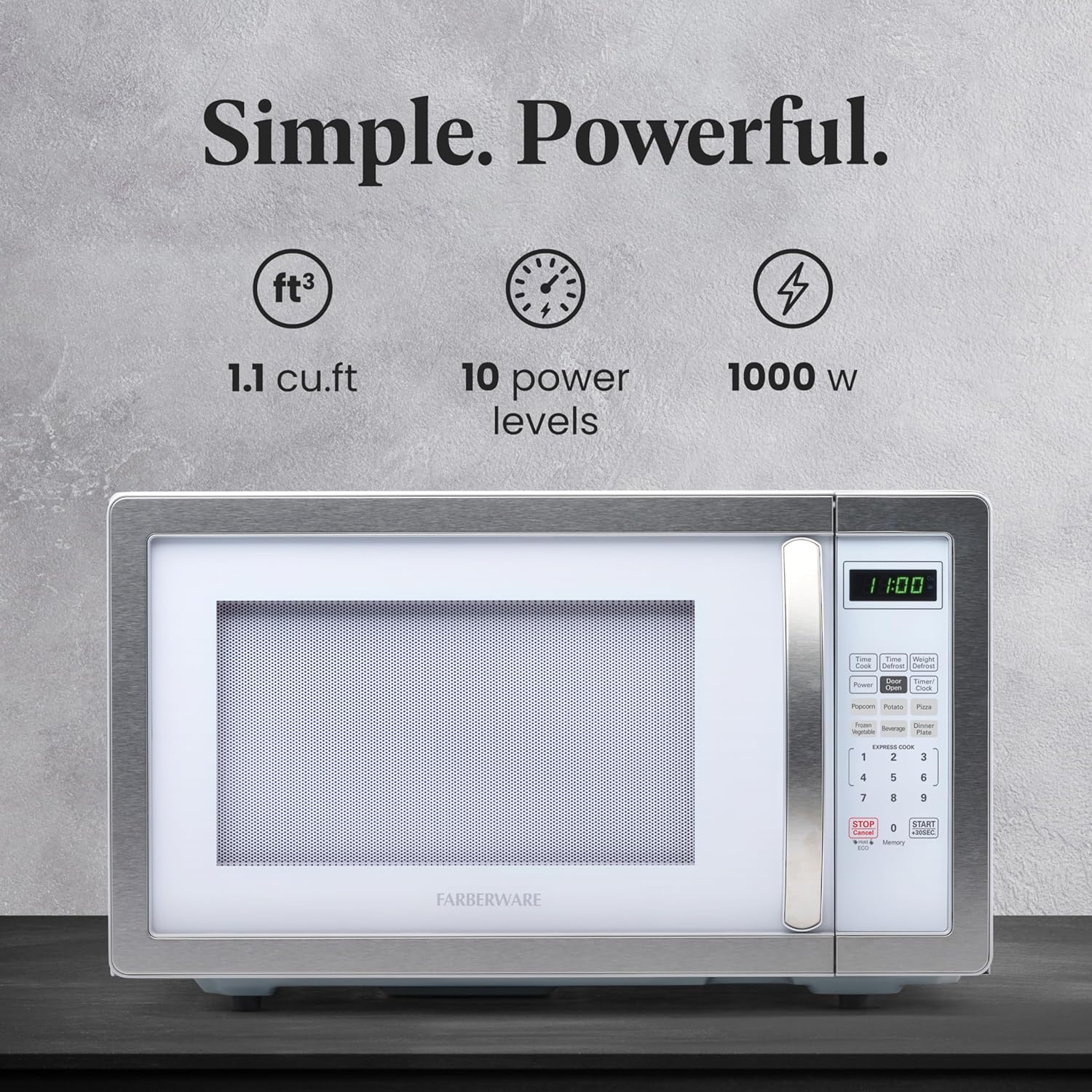 Farberware 1.1 Cu Countertop Microwave Oven – 1000 Watts Power, Auto Cook Settings, Defrost, Easy Clean and Child Safety Lock - White Platinum