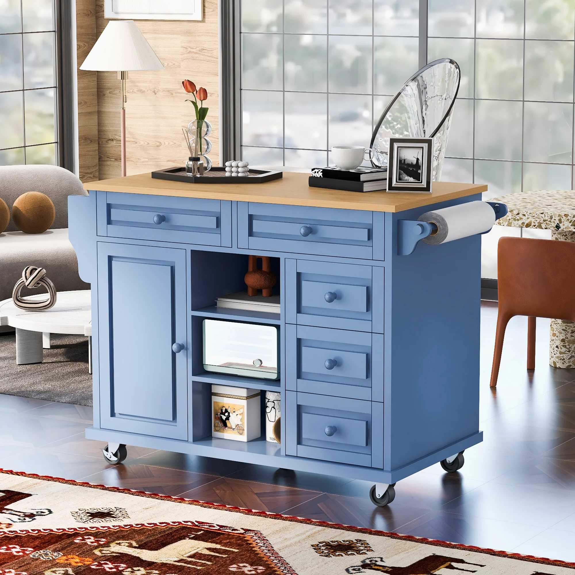 Kitchen cart with Rubber wood desktop rolling mobile kitchen island with storage and 5 draws 53 Inch length (Blue) - Image 7