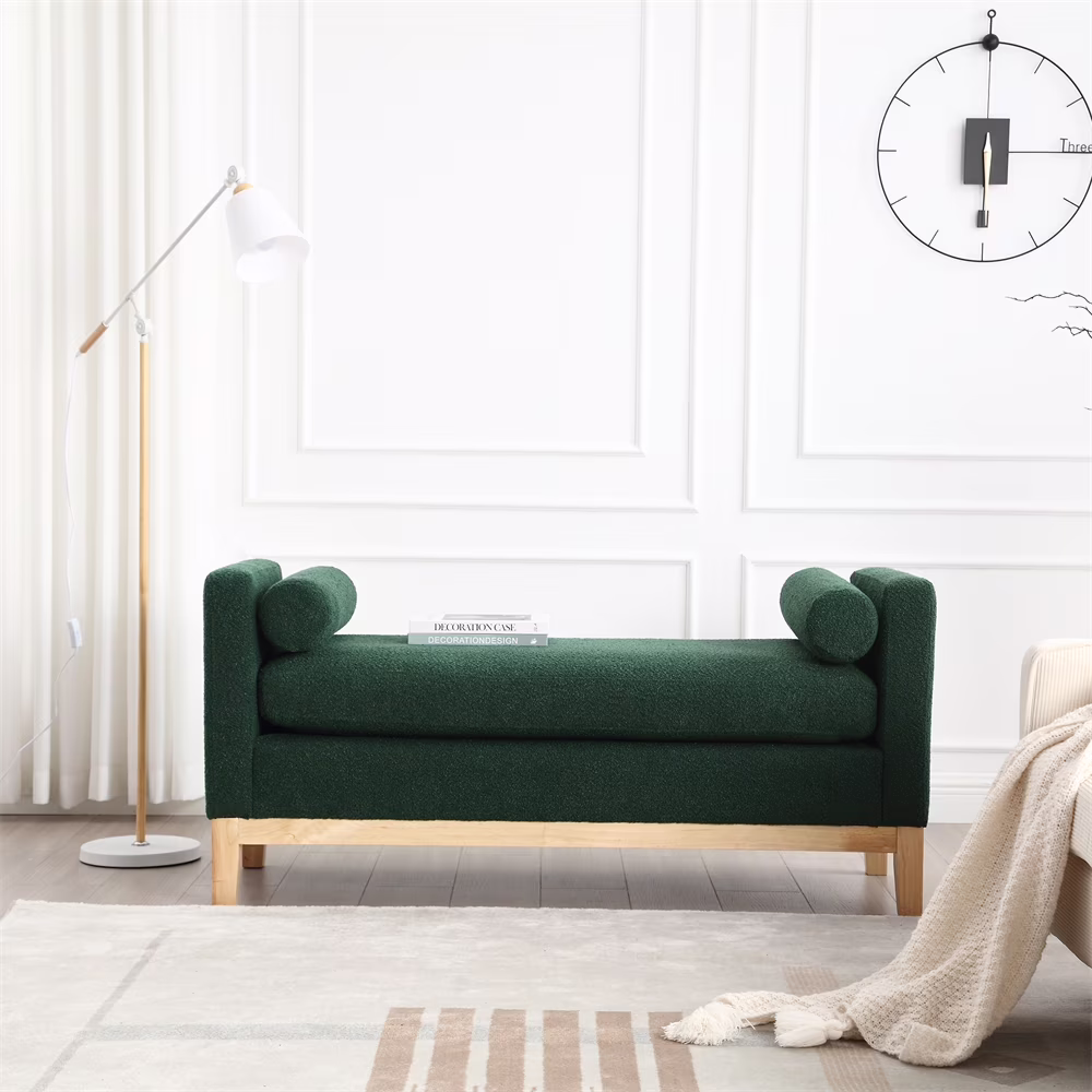 53 5"W Elegant Upholstered Bench with Wood Legs Round Pillows,Comfy Boucle Fabric Footrest with Arms, Entryway Bench for End of Bed, Bedroom and Living Room, Ivory(Ivory) Image 5