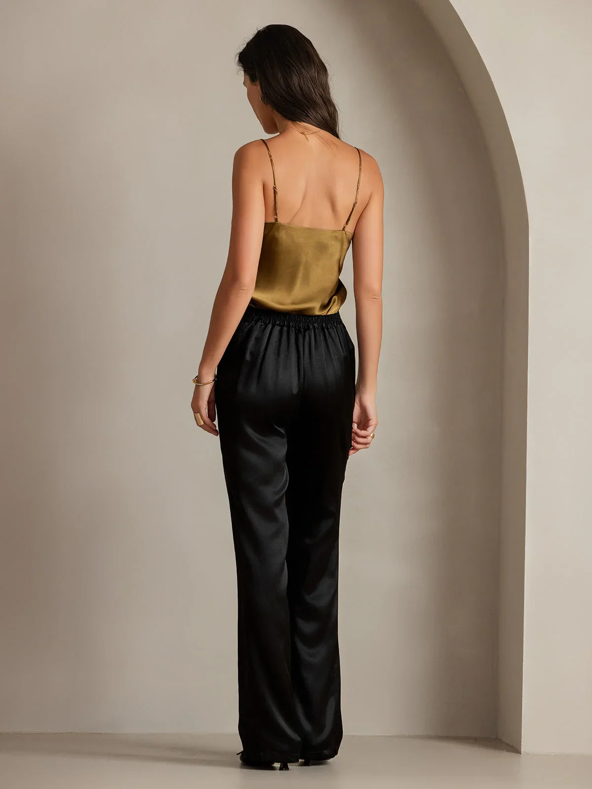 19Momme Silk High Waist Straight Fit Women's Pants with Back Elastic Waist Design