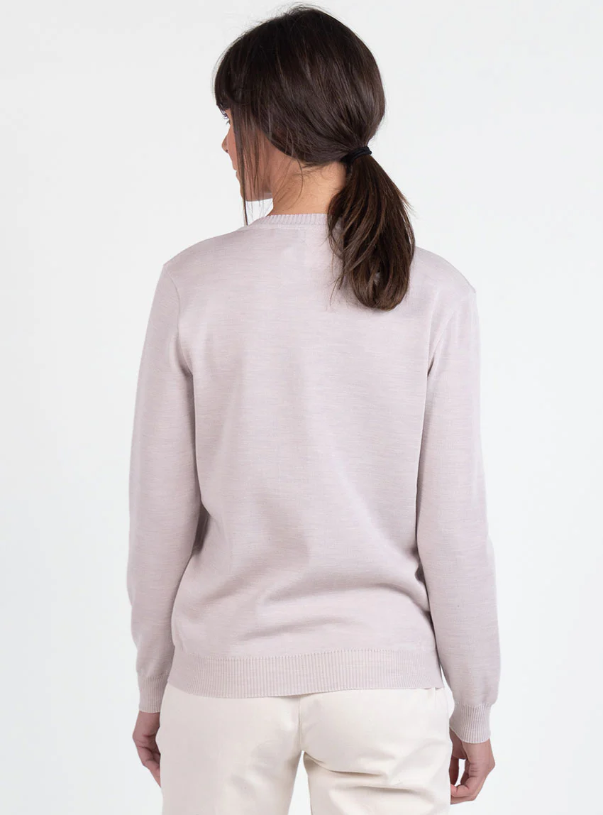 Pull femme col V en laine beige naturel