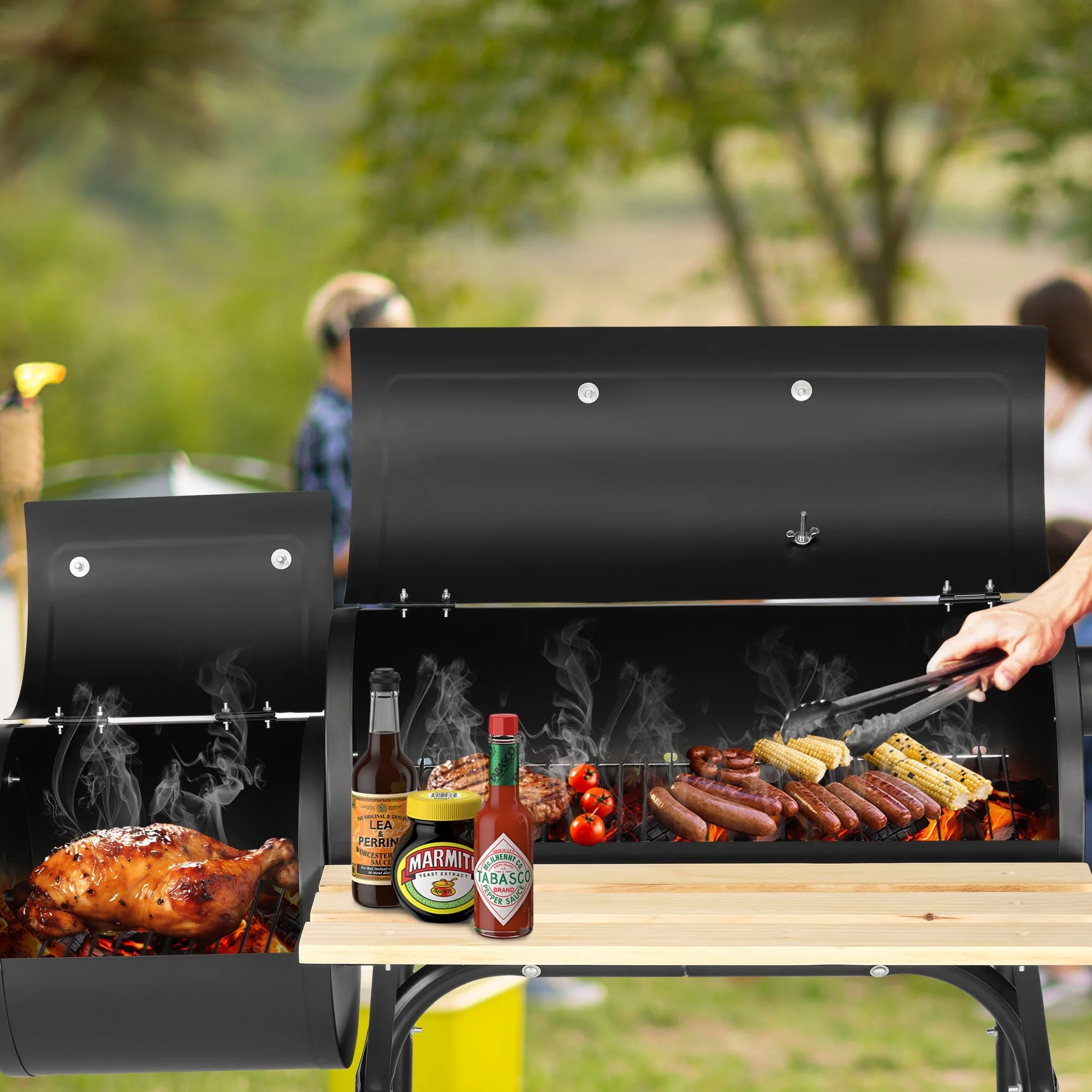 44" Portable Charcoal Grill, with Offset Smoker, Wood Shelf, Thermometer, Wheels, Charcoal BBQ Grill for Outdoor Picnic, Patio, Backyard, Camping, JA1170(Black 01) - Image 9