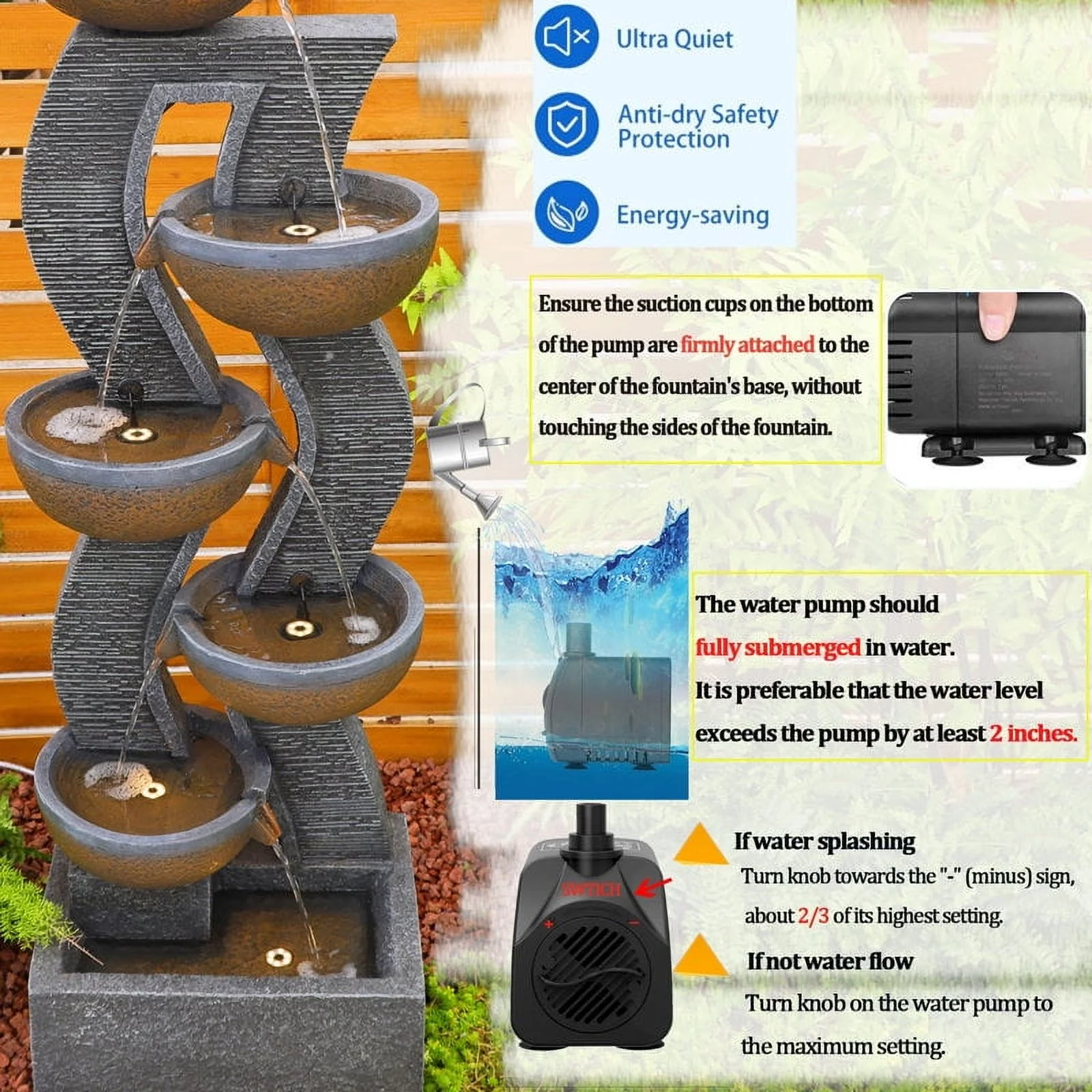 6-Tiered Garden Water Fountains Large Outdoor Fountains and Waterfalls with Light for Patio Yard Porch Pool Decor - Image 6