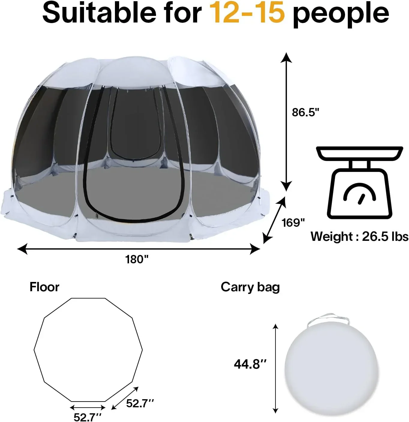 Gazebo moustiquaire pouvant accueillir 6, 10 ou 15 personnes. Tente de style igloo avec moustiquaire latérale. Idéal