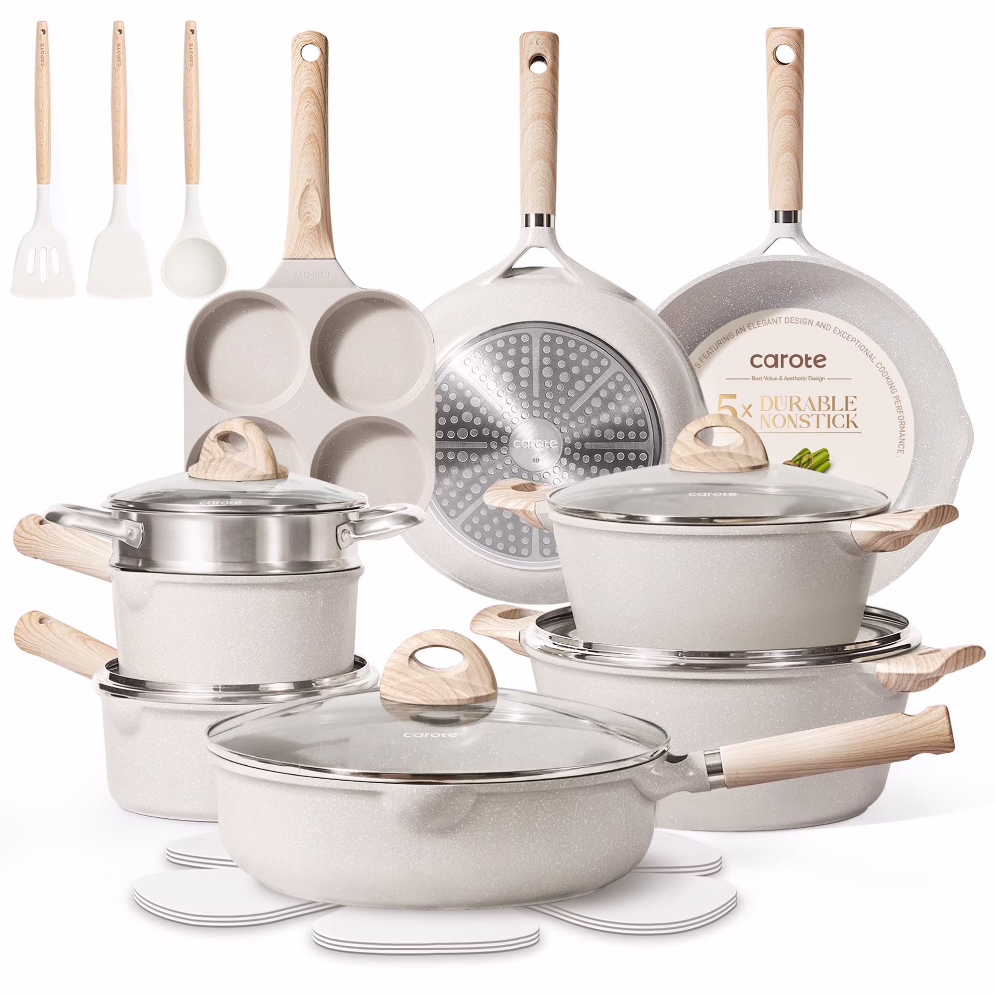Nonstick Cookware Set 21-Piece,Kitchen Pots and Pans Set,Stay-Cool Handles, Induction Compatible,Cookware Set for RV and Camping,Beige(Beige Complete Set)