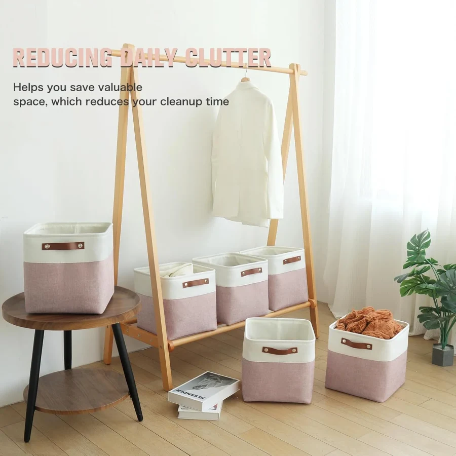 Cube Storage Baskets 6 Pack, 11x11 Inch Foldable Cube Storage Bins With Leather Handles For Shelf Closet Nursery Toys (White/ Pink)
