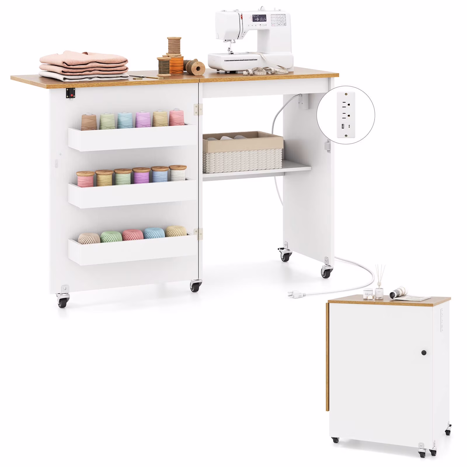 Folding Sewing Table Rolling Craft Station with 3 Storage Bins Charging Station White+natural(White+Natural)
