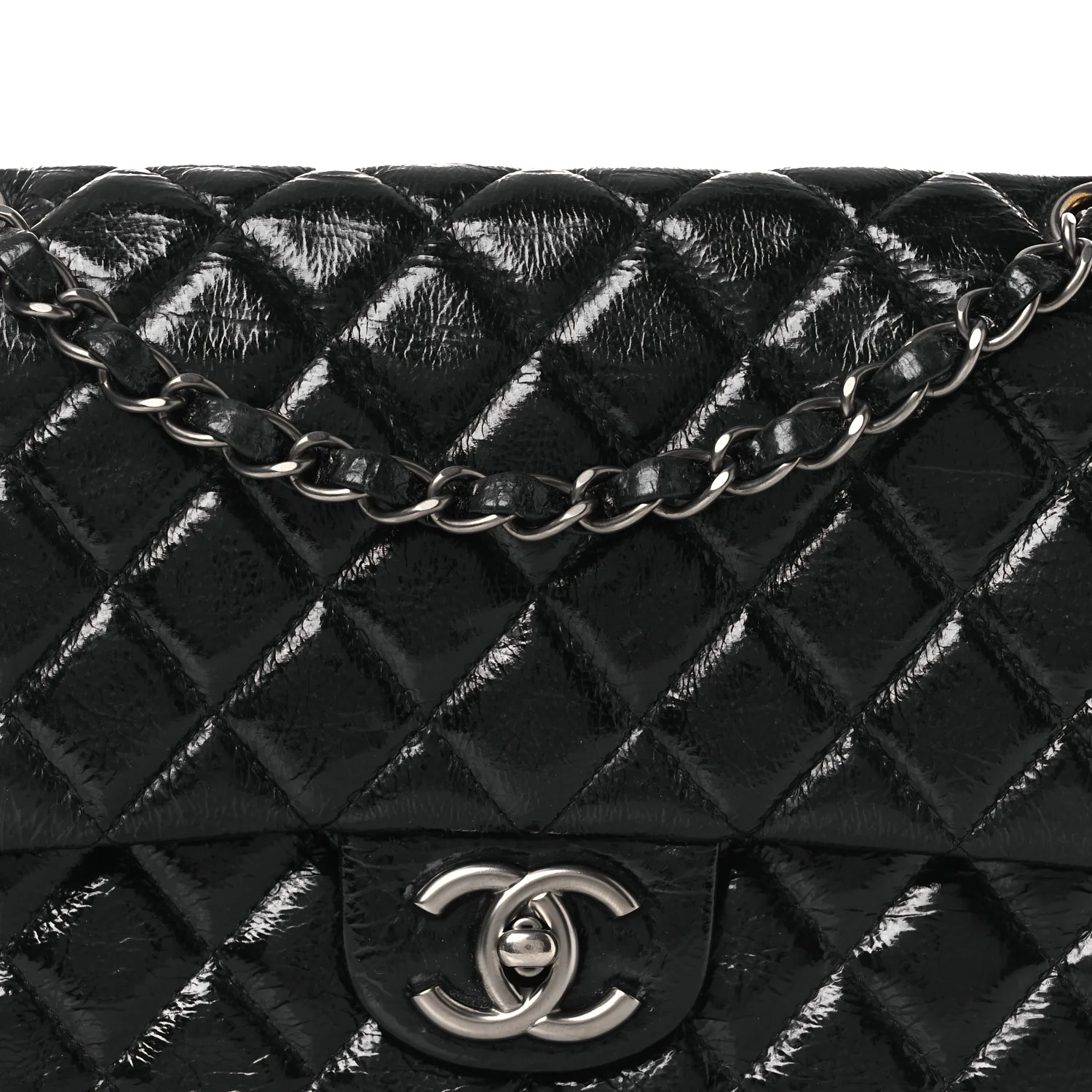 Distressed Patent Quilted Medium Double Flap Black
